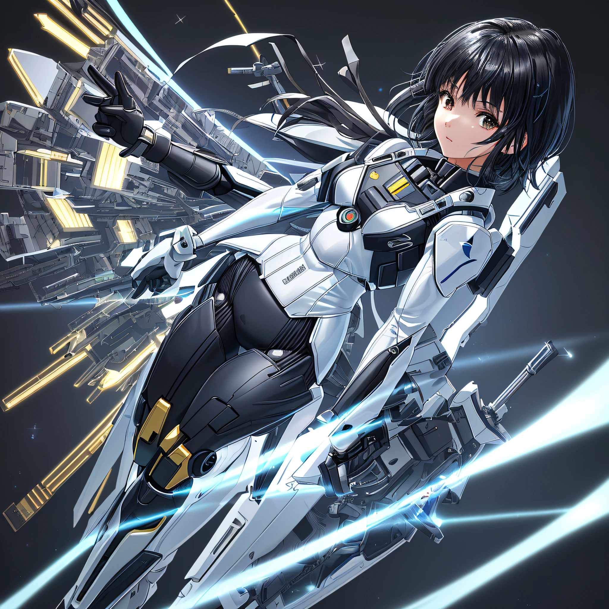 Elaborate CG Unity 8K wallpapers, masterpiece, highest quality, highest resolution, distinct_image): (Dynamic Angle, Solo, Japan Face, Short Black Haired Girl, Full Body, Small Breasts, Sparkly Black Eyes, White and Blue Colored Flight Suit, Tight Fit Clothes, Full Body Covering Clothes, Beauty, Slim Body, Exoskeleton, Gundam, Metal Gear)