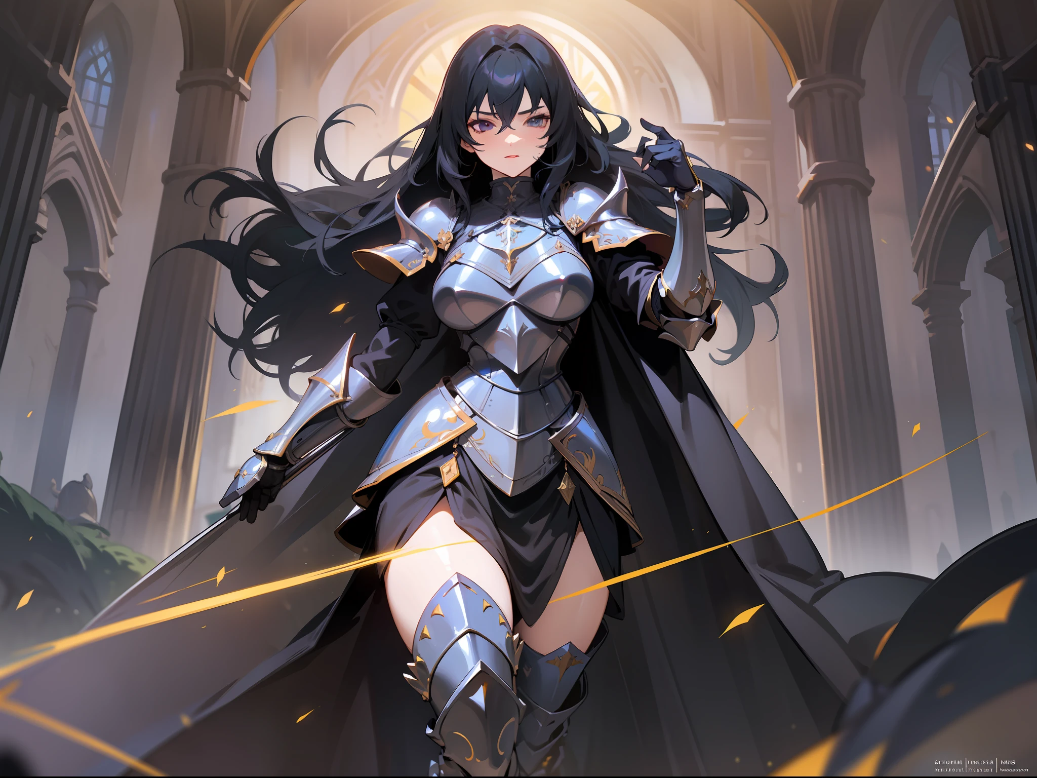 masterpiece, best quality, mature woman, black knight, black armor, long black hair, dark eyes, black cape, large shoulder pads, breastplate, thigh height shin guards, full body, fantasy, medieval, night, dynamic pose, beautiful detailed glow.