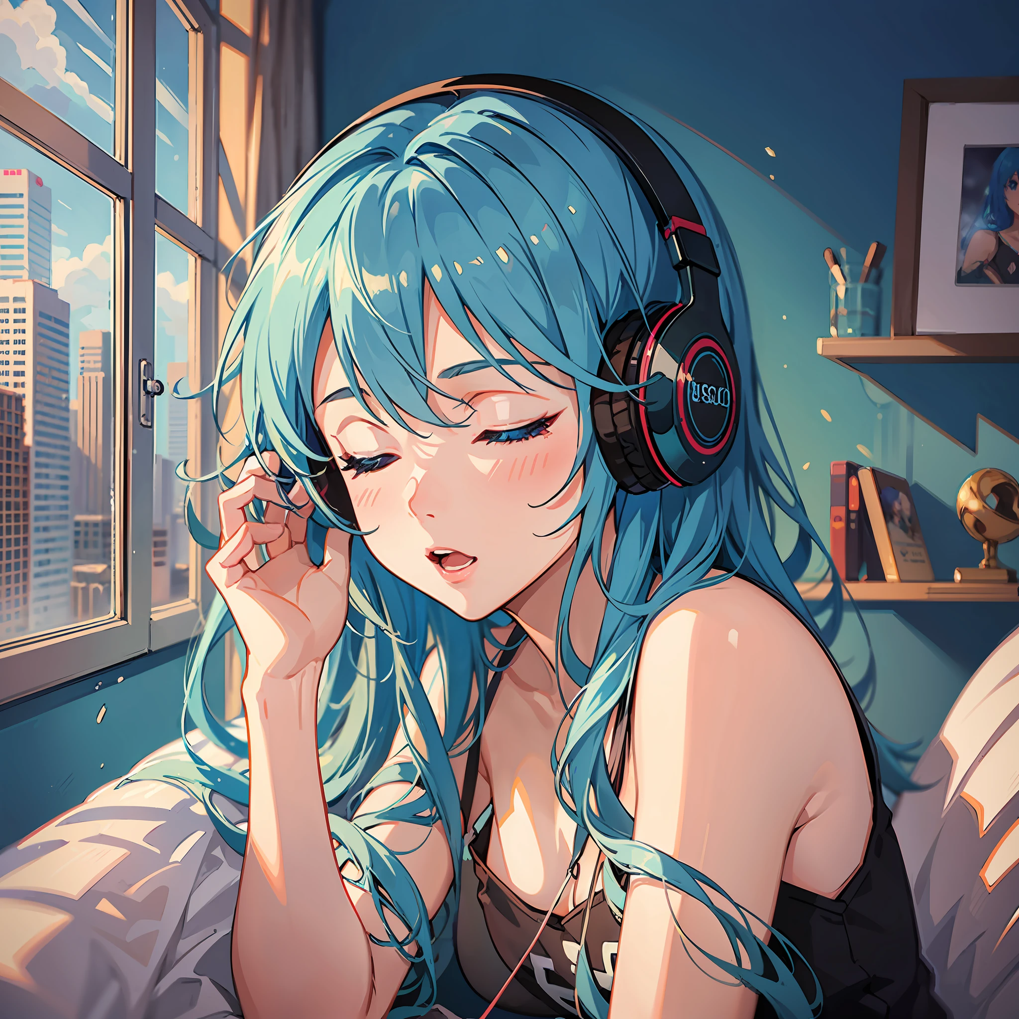 (masterpiece), (best quality), (best artist), (best illustration), [0.9]--[[Niji:5.2]], [best performance], [0.8], (lo-fi style), a girl listening to music, authentic headphones, long bright blue hair, [eyes closed], bedroom backdrop, with beautiful cinematic lighting