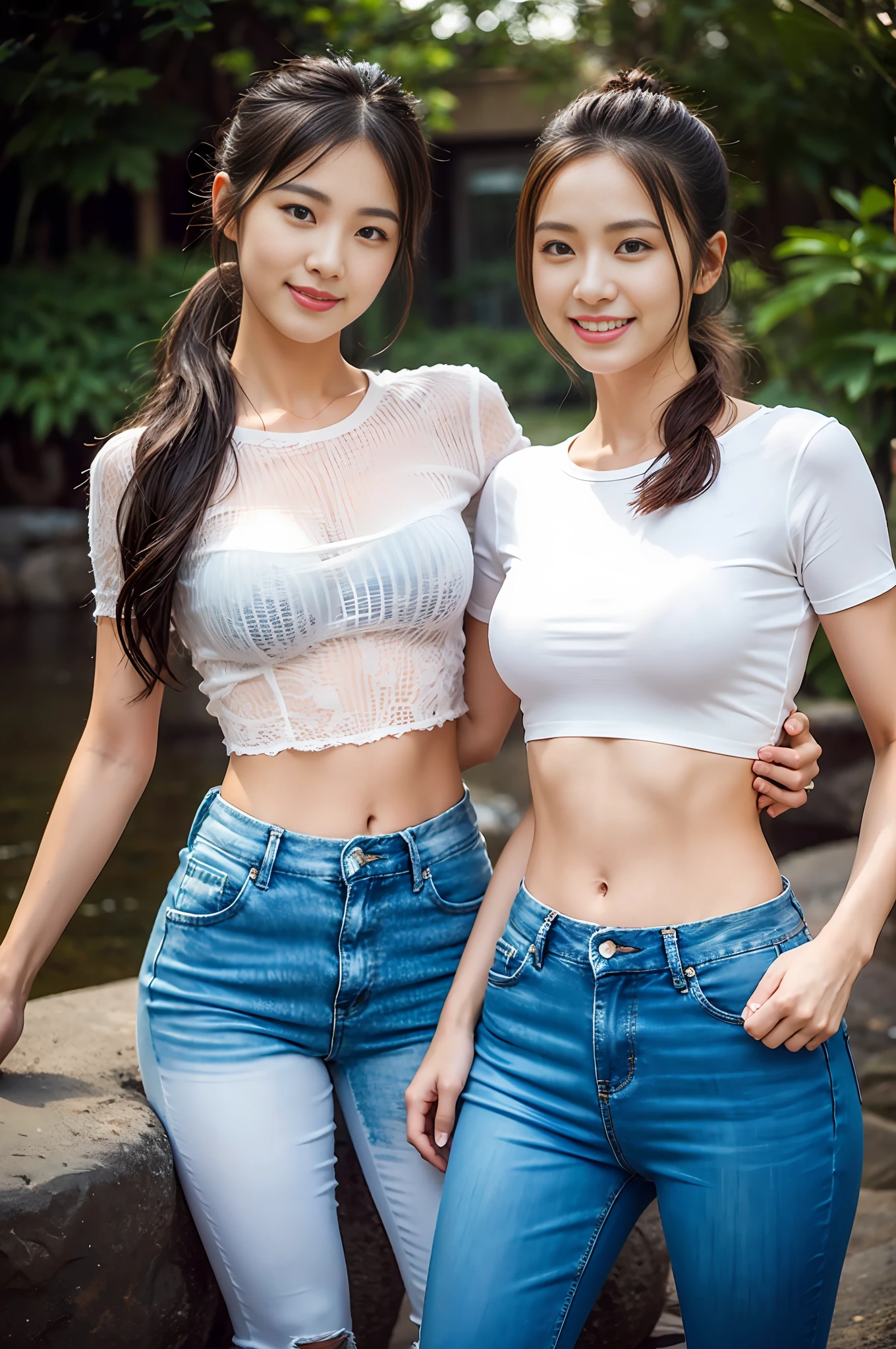 Two asian women posing in front of the river for photos, wearing tight simple clothes, wet clothes: 1.5, sheer and transparent: 1.5, exposed breasts and 1.5, Alena and Lilia, two girls, sexy pose, intimate seductive pose, semi-nude, naked, realistic, photorealistic realistic, 16k HD, masterpiece: 1.5, focus: 1.8, Arad asian woman in crop top tight long jeans and sheer short sleeves, background: 1.5 (foot of the mountain, creekside, dating), Cute schoolgirl with slim and perfect figure, ( Stylish high ponytail hairstyle: 1.5), Japanese 18 year old girl wearing long skinny jeans with long tight jeans (low rise crop top, micro-flared, trousers: 1.5), (ripped : 0.6), (branded jeans: 1.5, realistic detailed jeans texture and stripes: 0.8, realistic detailed jeans graininess: 0.8), wearing stylish sheer tight short sleeves, sheer top (brand: 1.5, slim, realistic perspective: 1.5, Transparent: 1.5, Exposed breasts and areola: 1.5), wearing stiletto sandals (delicate stiletto shoes crystal band sandals, high quality: 1.2), Surreal schoolgirl, dressed as schoolgirl, Surreal schoolgirl, Realistic schoolgirl, Schoolgirl pose, Model pose, Shoot full body ((Full body: 1.8)), Beautiful skin, glowing skin, slim beautiful thighs, perfect thighs, perfect calves, white tender toes, beautiful breasts: 1.5, beautiful breasts: 1.5, beautiful buttocks:1.5, buttocks: 0.7, best quality, white skin, real skin, (detail face), goose egg face, pores, super high resolution, (8k, RAW photo, photorealistic:1.4), 1girl, slim, (smile, teeth and tongue: 1.2, happiness: 1.2), (lip gloss, eyelashes, glossy face, best quality, super high resolution, wide lighting, natural shadows), sexy, Full body shot: 1.8 --auto --s2