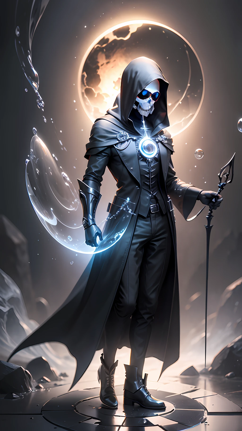 (Premise) Unreal Engine, Super-Resolution, Ray Tracing, RTX, high resolution photography, 8k, studio photo, elegant, (person) Grim reaper, sickle, skull face, black-robed costume, (object) square cube, inorganic, smooth, non-shiny, (composition) perspective, sun circle composition, (background color) Achromatic, Black Lot, Dark, Almost Sucked In, (Background Object) Soap Bubble (Background Atmosphere / Mood) Lantern, Dark, Dynamic, Moving, (Brushwork / Taste of the Work) Naturalism, Realistic, Silence, Only 1 sound, Between, 1 large soap bubble --auto --s2