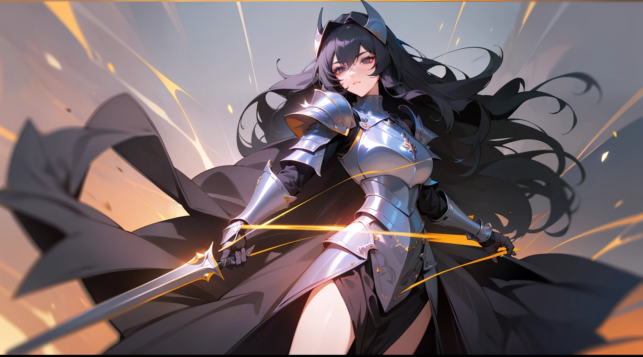 masterpiece, best quality, mature woman, black knight, black armor, long black hair, dark eyes, black cape, large shoulder pads, breastplate, thigh height shin guards, full body, fantasy, medieval, night, dynamic pose, beautiful detailed glow.