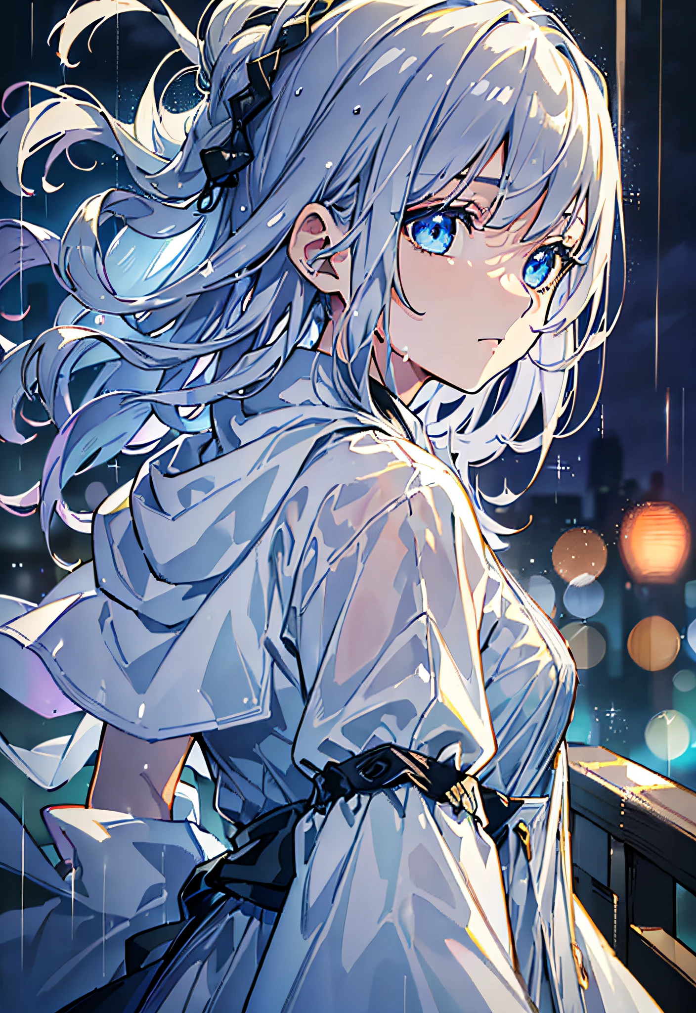 (masterpiece:1.21), (best quality:1.331), ((ultra-detailed)), ((extremely best illustration)), ((amazing)), (hyper quality), Gorgeous and rich graphics,
(extremely delicate and beautiful:1.21), 8k, wallpaper, (extremely beautiful lighting), hard light, delicate composition, (perfect conposition), (extremely beautiful and detailed background:1.21), rembrandt style expression of light and shadow, dark tone, (low-key and high-variance colorscale), ((depth of field)), deep shadow,
dynamic angle, from side, upper body, radial blur,
rain, (city lights, blurry background),
(1girl),(beautiful detailed eyes), clear blue eyes, long and silver french braid hair,
fatigues,
transparent raincoat, wet clothes and wet skin and dripping wet hair,
lens flare, string lights, street,, masterpiece, best quality,
