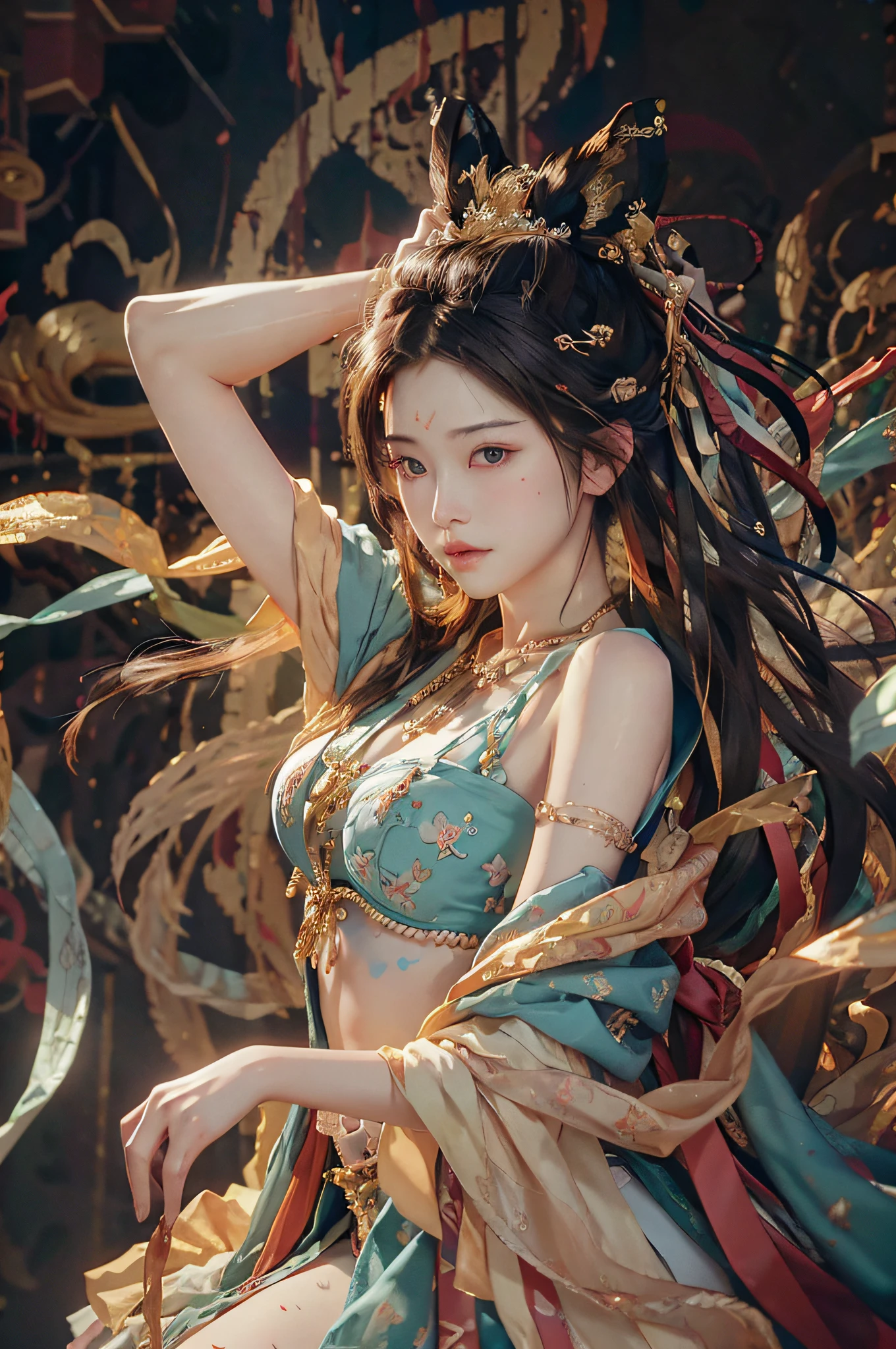 nsfw, (RAW Photo, Best Quality), (Realistic, Photo Realistic: 1.3), Best Quality, Highly Detailed, Masterpiece, Ultra Detailed, Illustration, 1 Girl, upper_body, Dynamic Angle, World Masterpiece Theater, messy_long_hair, Best Quality, Extremely Detailed CG Unity 8k Wallpaper, Ink, Amazing, Cinematic Lighting, Full Body Shot, lens_flare, dunhuang_style,