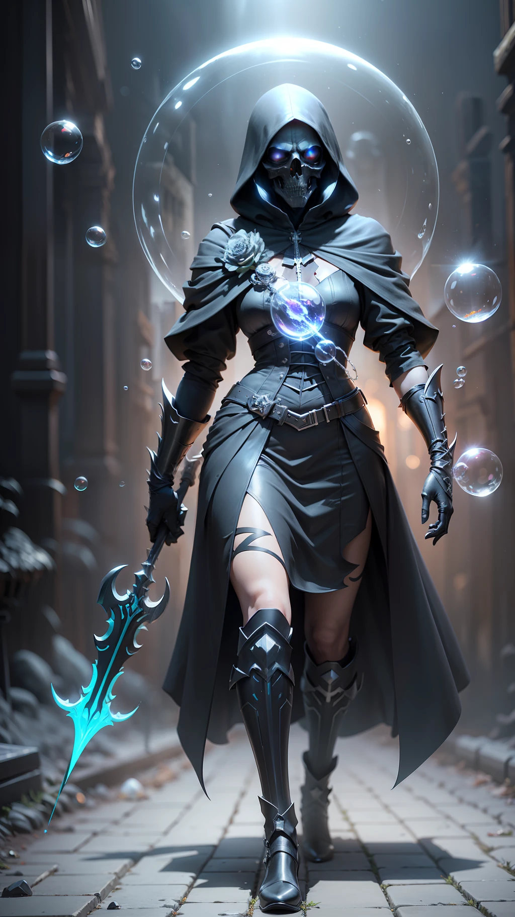 (Premise) Unreal Engine, Super-Resolution, Ray Tracing, RTX, high resolution photography, 8k, studio photo, elegant, (person) Grim reaper, sickle, skull face, black-robed costume, (object) square cube, inorganic, smooth, non-shiny, (composition) perspective, sun circle composition, (background color) Achromatic, Black Lot, Dark, Almost Sucked In, (Background Object) Soap Bubble (Background Atmosphere / Mood) Lantern, Dark, Dynamic, Moving, (Brushwork / Taste of the Work) Naturalism, Realistic, Silence, Only 1 sound, Between, 1 large soap bubble --auto --s2