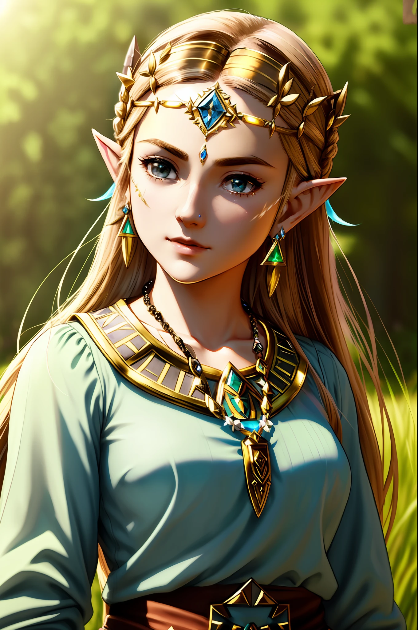 Close-up of Princess Zelda standing in the field with necklace on her forehead, Zelda ,beautiful detailed glow, detailed, Cinematic light, intricate detail, highres, detailed facial features, high detail, sharp focus, smooth cinematic light, intricate details, high resolution, Detailed facial features, high detail, sharp focus, smooth, aesthetic, very detailed, stamps, octane rendering,