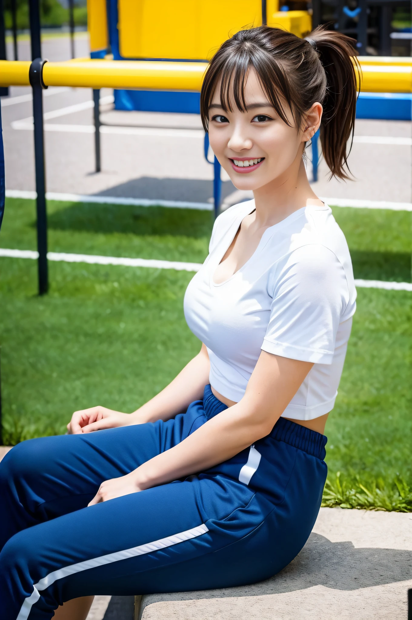 {{Masterpiece}}, {{Highest Quality}}}, {{Ultra Detail}}, Details 8k CG, Big Tits, Schoolgirl, Sitting, Hugging Your Legs, School Playground, Pants Visible, Small Gym Clothes, Cleavage, Front View, Watch Viewer, Ponytail, Happy Smile, Gym Clothes, Dark Blue Short Bloomers, Pure White T-Shirt,