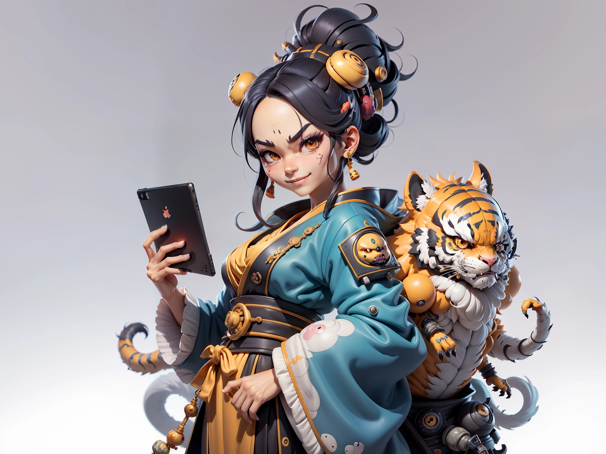 (Masterpiece), (Extreme Quality), (Super Meticulous), (Full Body: 1.2), Super Young Woman, Japanese Female Geisha, Beauty, Chinese Dragon, Tiger, Fengshen Thor, Sexy, Bursting, Oriental Face, TV Anchor, Bust Portrait Illustration, Alone, Black Suit, Blue Tie, Slightly Chubby, Very Clean Face, No Beard, Black Super Short Hair, Black Eyes, Confident Smile, 3c Computer Sub-Products, iPad, iPhone, Digital Painting, 3D character design by Mark Clairedon and Pixar and Hayao Miyazaki and Akira Toriyama, the illustrations are HD illustrations in 4K resolution with highly detailed facial features and cartoon-style visuals.