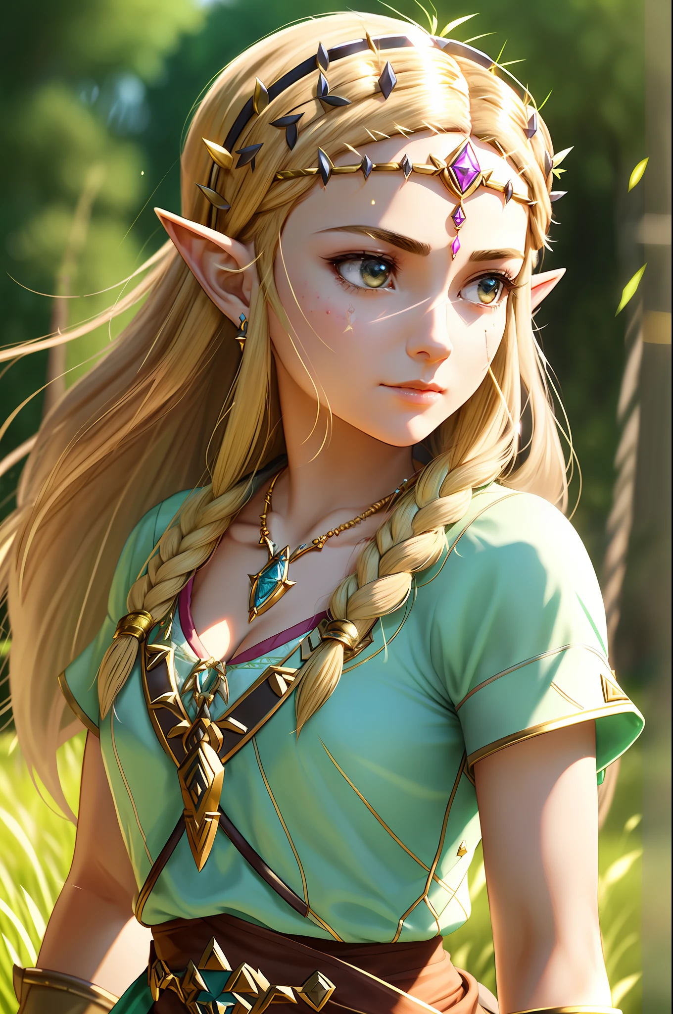 Close-up of Princess Zelda standing in the field with necklace on her forehead, Zelda ,beautiful detailed glow, detailed, Cinematic light, intricate detail, highres, detailed facial features, high detail, sharp focus, smooth cinematic light, intricate details, high resolution, Detailed facial features, high detail, sharp focus, smooth, aesthetic, very detailed, stamps, octane rendering,
