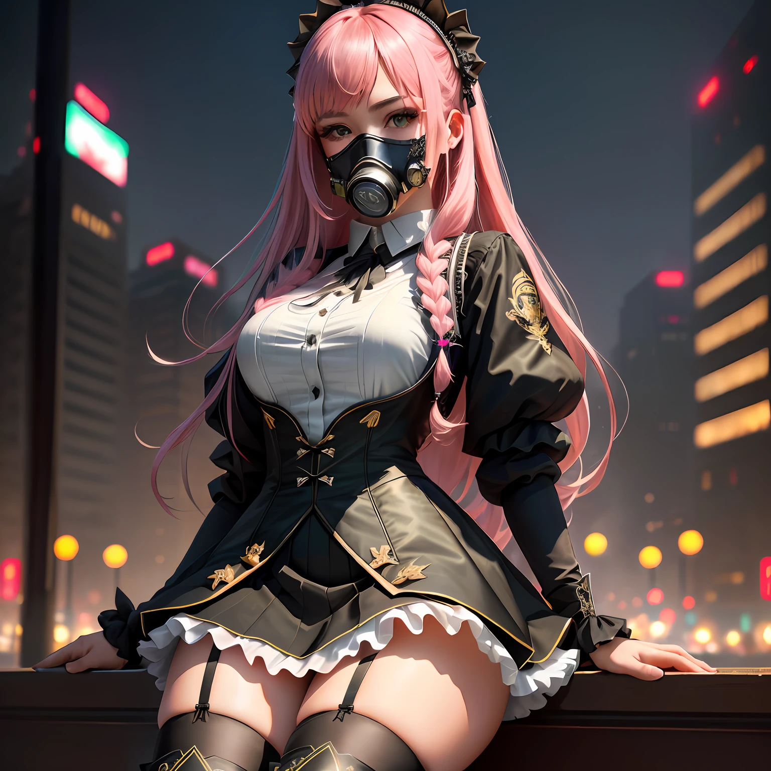 (Masterpiece, Best Quality), Intricate Details, 8K, ArtStation, Wallpaper, Official Art, Splash Art, Sharp Focus, 1girl, (Realistic:1.2) (Bokeh) (Best Quality) (Detailed skin: 1.3) (Intricate Details) (8K) (Detail Eyes), Wearing Semi-Gas Mask, Long Pink Hair, 20-year-old Two-Dimensional Girl, White Shirt, Green Chest Hanging, Black Hundred Ruffle Skirt, Black Ripped Stockings, Black Long Boots, Shanghai Bund in the background