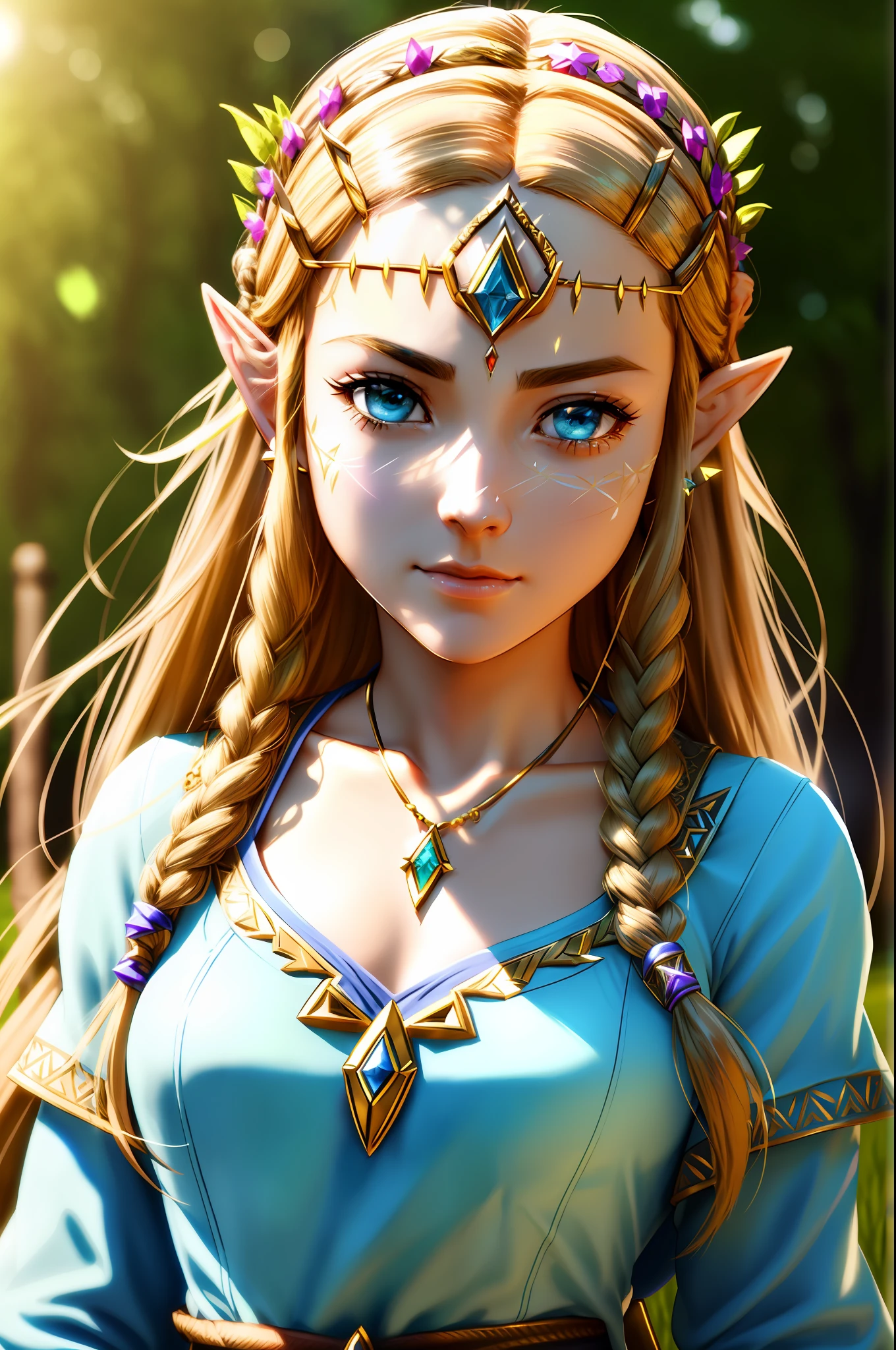 Close-up of Princess Zelda standing in the field with necklace on her forehead, Zelda ,beautiful detailed glow, detailed, Cinematic light, intricate detail, highres, detailed facial features, high detail, sharp focus, smooth cinematic light, intricate details, high resolution, Detailed facial features, high detail, sharp focus, smooth, aesthetic, very detailed, stamps, octane rendering,