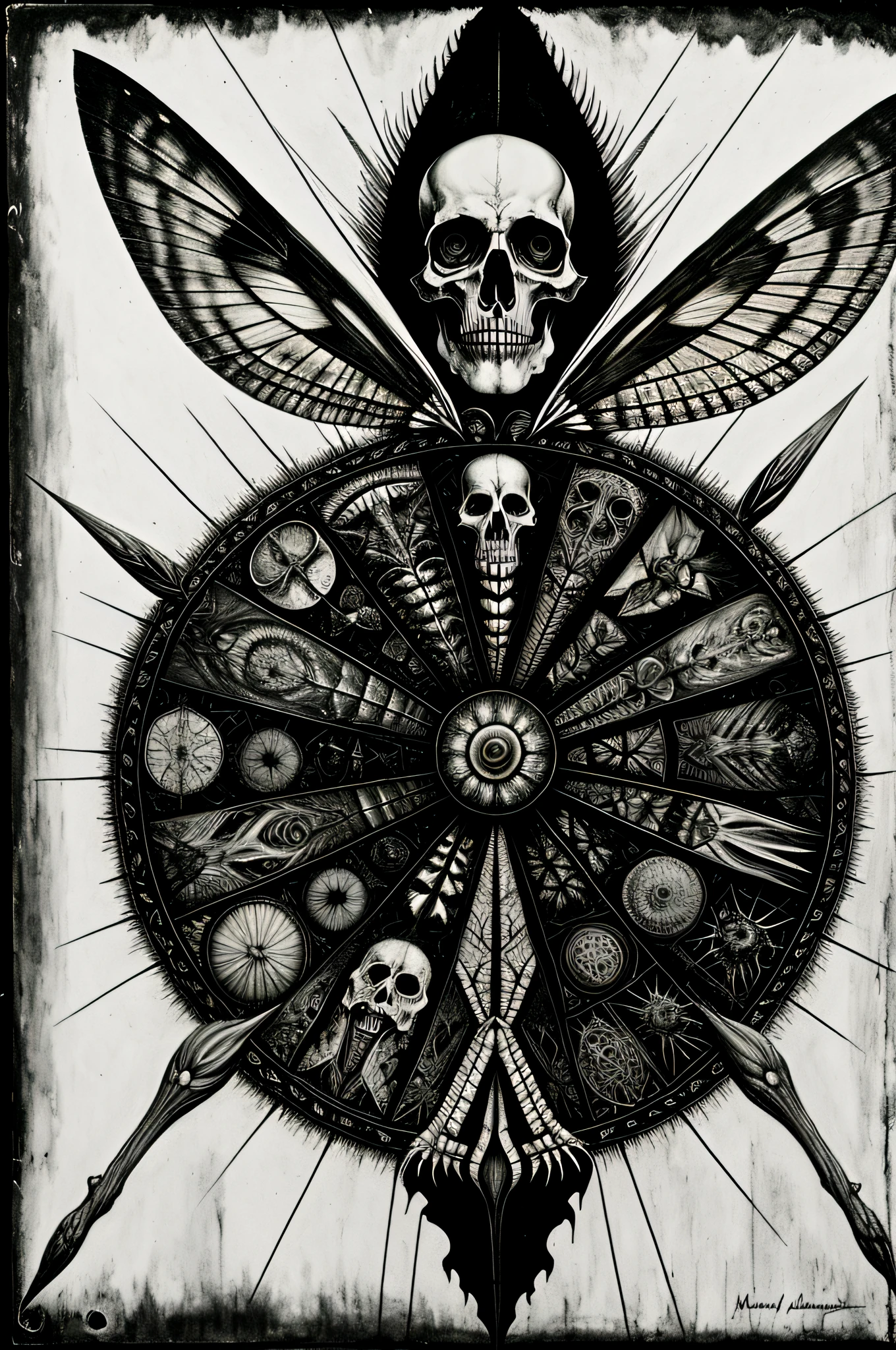 Hades the God of Death, Thunderstorms, Art Nouveau, (Joel-Peter Witkin:1.25), Moths or Butterflies, Morbid,Macabre,Labyrinthine, (Monochrome:1.1), (Radial Balance:1.1), (Monotyping:1.1), Ultra-Detailed, Intricate, Oil On Canvas, Dry Brush, Sharp, (Surrealism:1.1), (Disturbing:1.1)