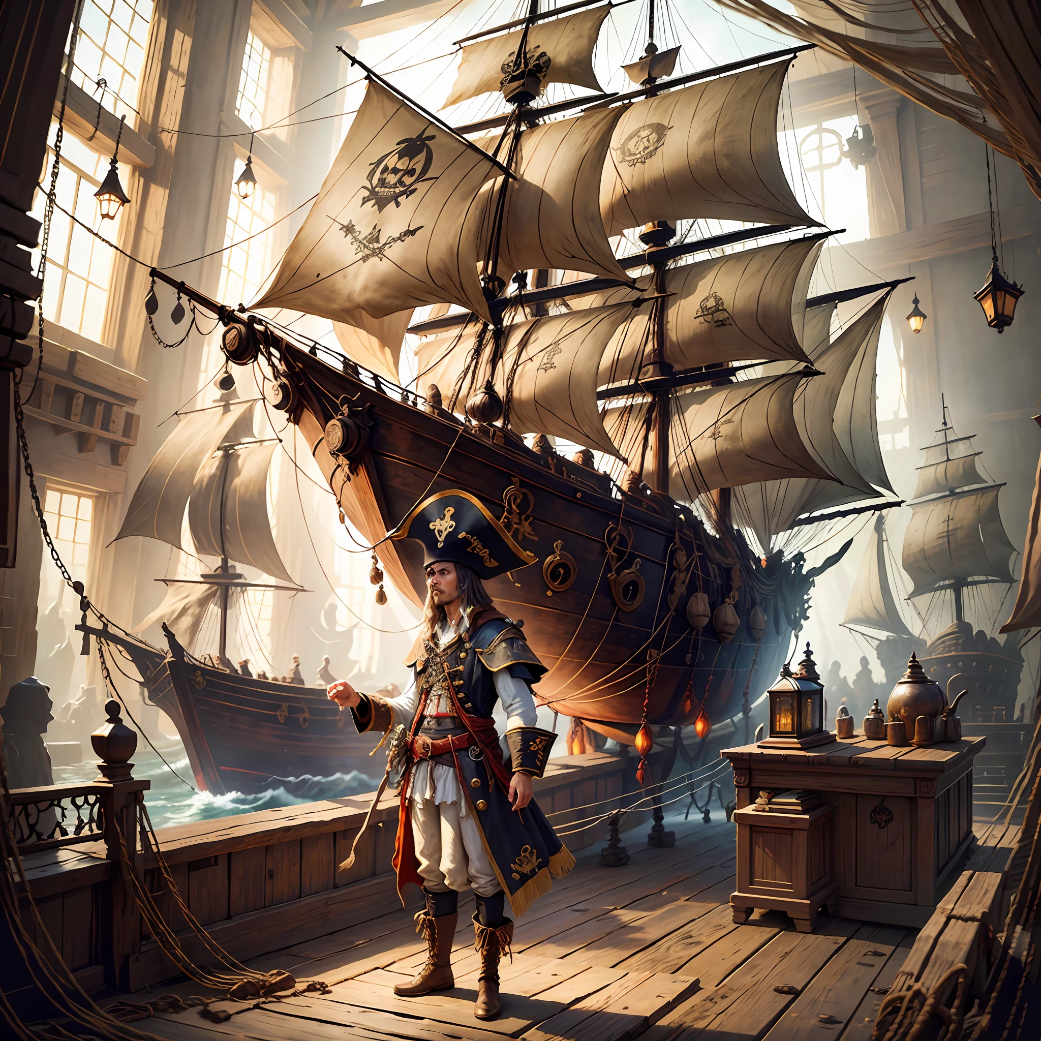 Interior of a pirate ship, with a pirate on his back in the background of the image and a hidden girl watching the pirate in the foreground, infatil book style, soft light, ambient light --auto --s2