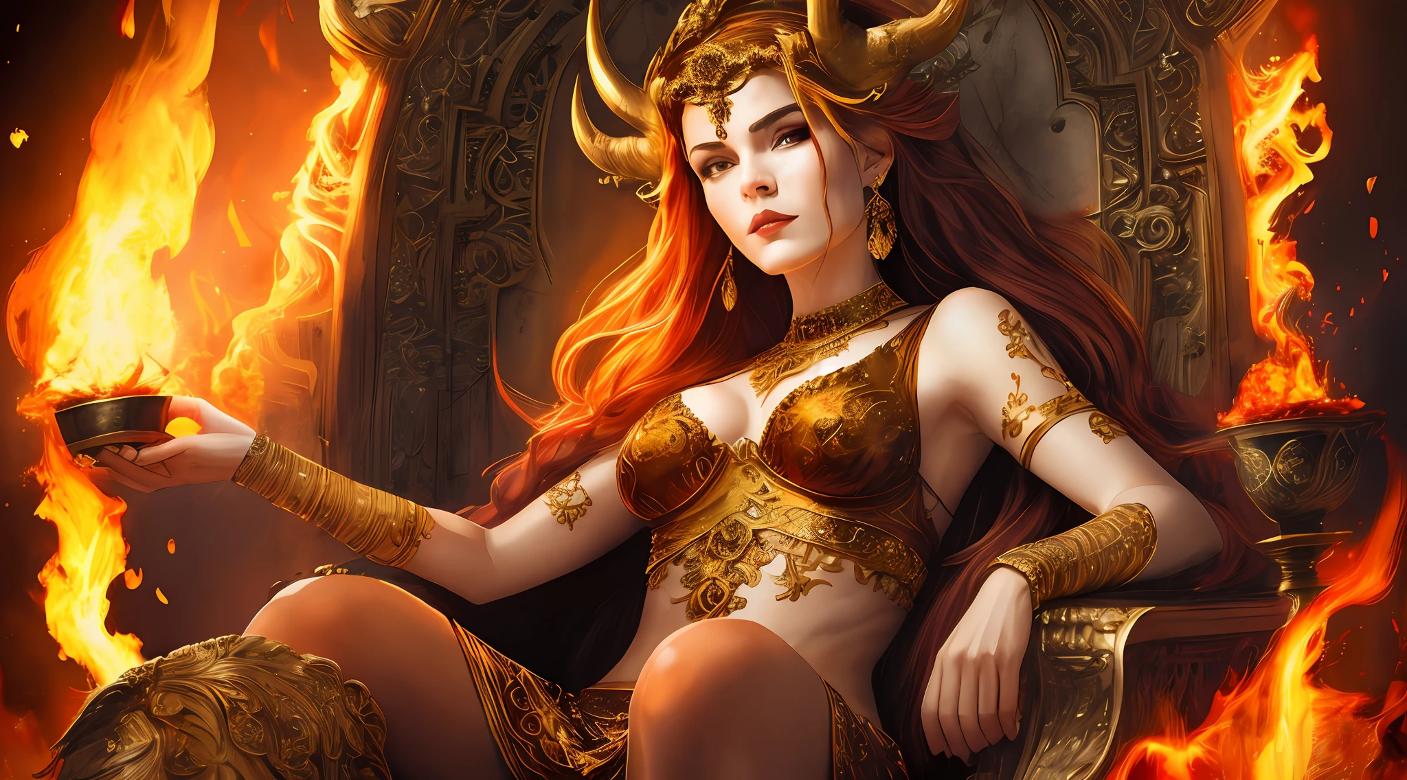 Beautiful, mature adult woman, crown of golden horns on her head, sitting on throne of flames, fire around, sensual woman crown of horns on her head, fire holding cup of burning blood. Hellfire environment --auto --s2