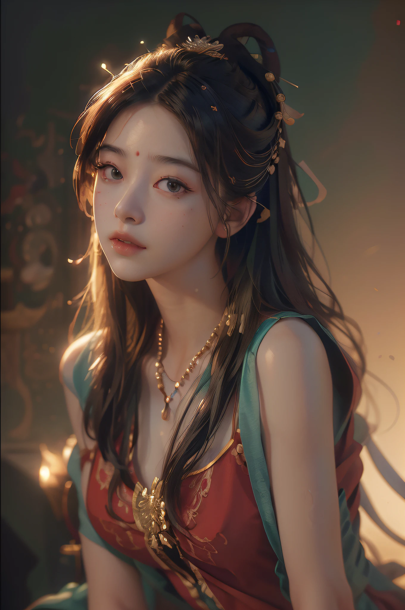 nsfw,(RAW photo, best quality),(realistic, photo-realistic:1.3),best quality,highly detailed,masterpiece,ultra-detailed,illustration,1girl,upper_body,dynamic angle,world masterpiece theater,messy_long_hair,best quality,extremely detailed CG unity 8k wallpaper,ink,Amazing,cinematic lighting,lens_flare,dunhuang_style,
