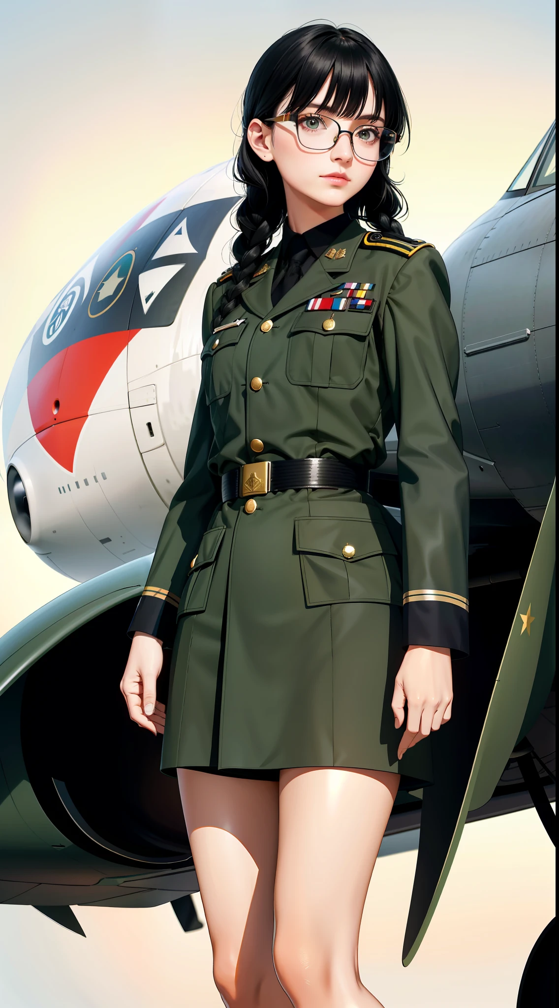 Modest outfit, remote shot, detailed beautiful delicate face, detailed beautiful delicate eyes, perfect facial proportions, high-definition skin, fine skin, four-inch best ratio. With one thumb, a masterpiece, highly detailed, realistic, (World War II German general uniform reference : 1.8), the highest face resolution, adult, modestly dressed woman, dressed entirely, ( small, black hair, black straight bangs, super fine braids, straight bangs, red glasses, dark green eyes), future, science fiction, fighter plane, standing On the landing of a fighter plane, the government agency, a deep intelligent personality, a calm expression, a respectful face, a war, a fighter plane