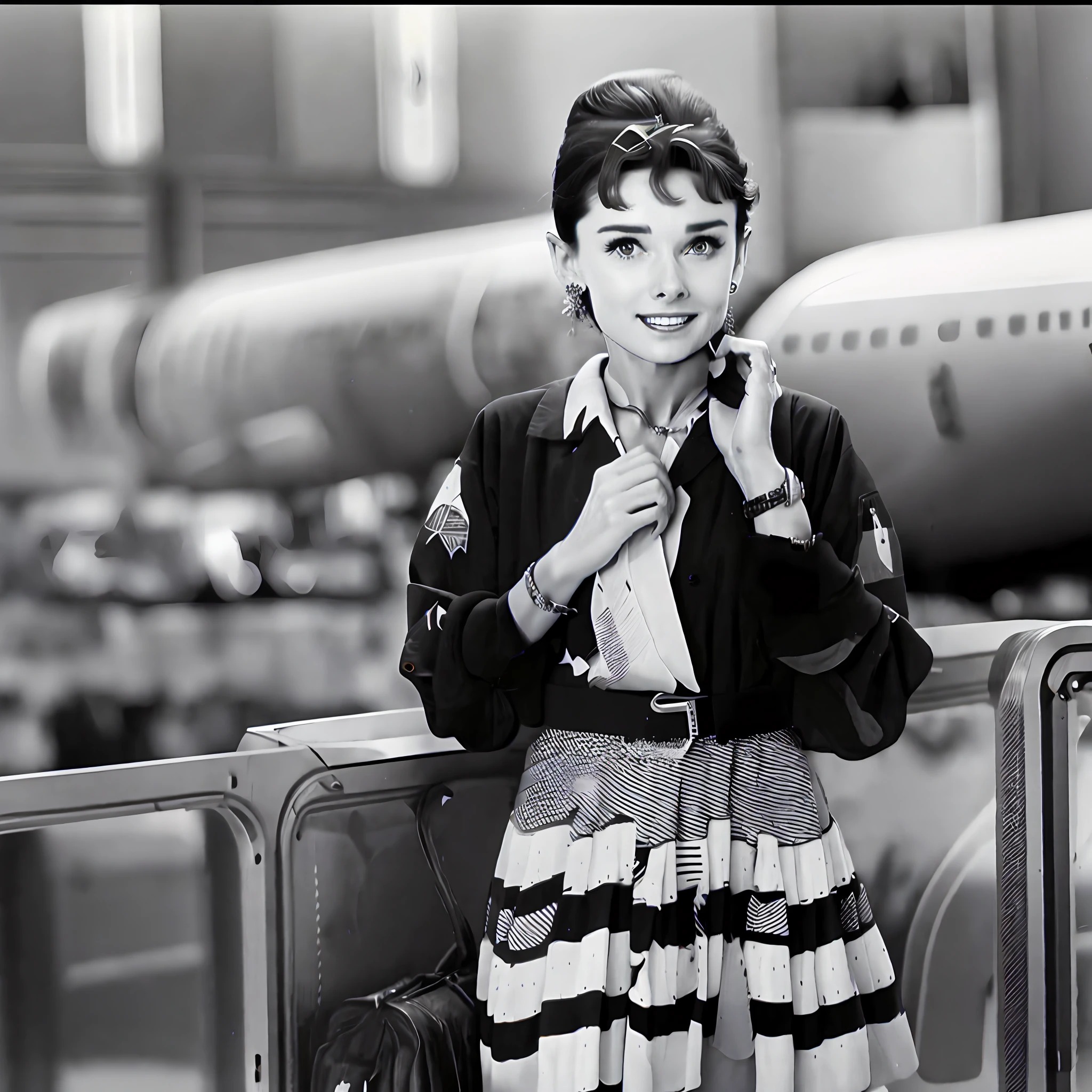 Audrey Hepburn on an airplane pilot, leaving the airport, 4k, best quality --auto --s2