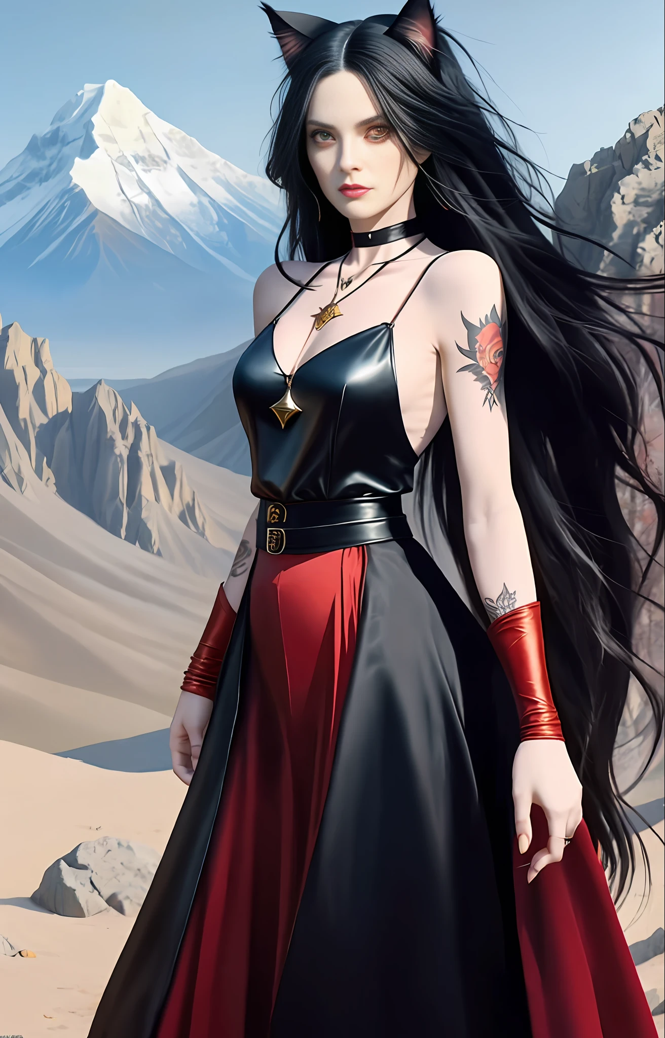 Adult female, magic, cat ears, golden eyes, tattoos, red clothes, black necklace, long white hair, epic reality, 8K HD, sword, surrealism, mountain top