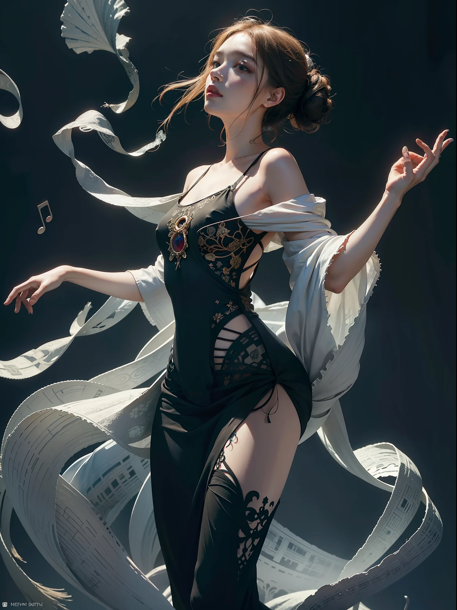 official art, unity 8k wallpaper, ultra detailed, beautiful and aesthetic, beautiful, masterpiece, best quality, (zentangle, mandala, tangle, entangle), dynamic angle, cowboyshot, the most beautiful form of chaos, elegant, a brutalist designed, vivid colours, romanticism, by james jean, roby dwi antono, ross tran, francis bacon, michal mraz, adrian ghenie, petra cortright, gerhard richter, takato yamamoto, ashley wood, atmospheric, enjoying a stream of music, where you can visualize the notes, ecstasy of musical notes, streaming musical notes visible