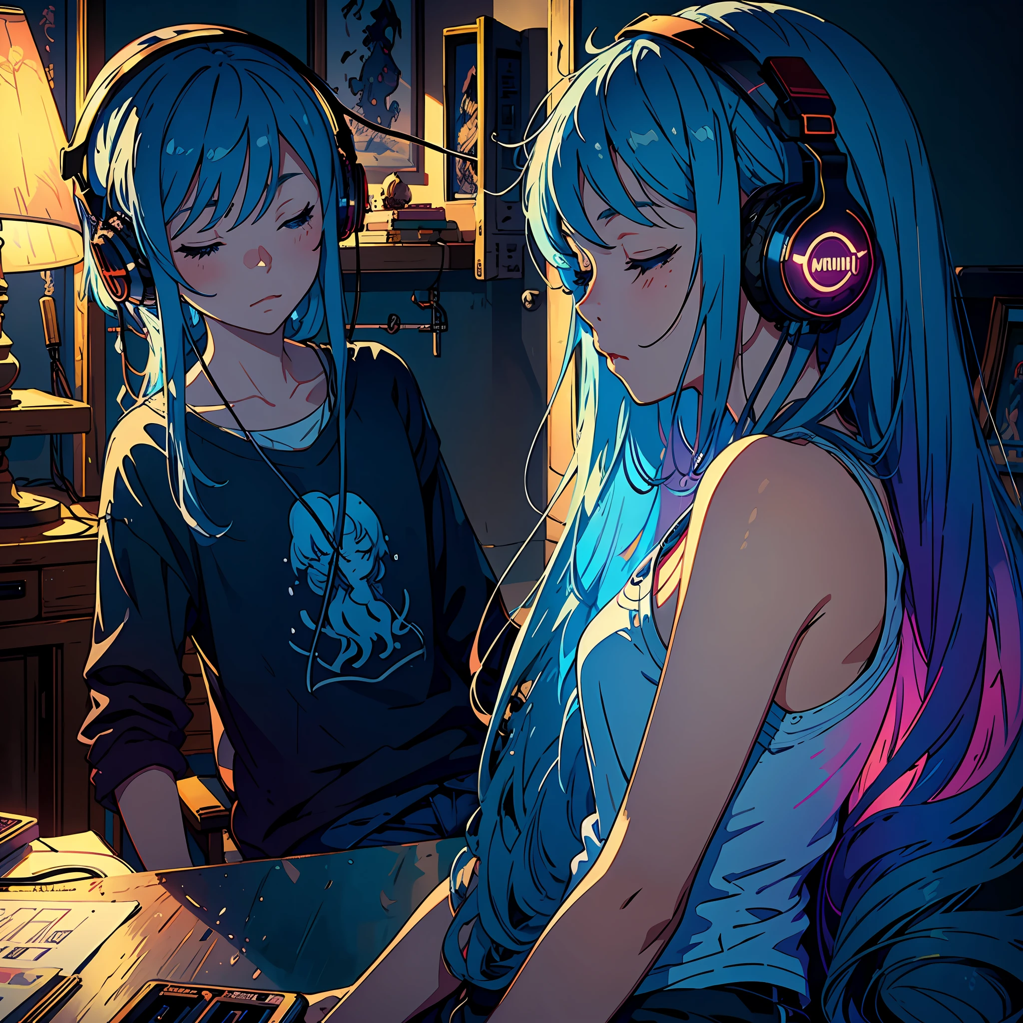 (masterpiece), (best quality), (best artist), (best illustration), [0.9]--[[Niji:5.2]], [best performance], [0.8], (lo-fi style), a girl listening to music, authentic headphones, long bright blue hair, [eyes closed], bedroom backdrop, with beautiful cinematic lighting