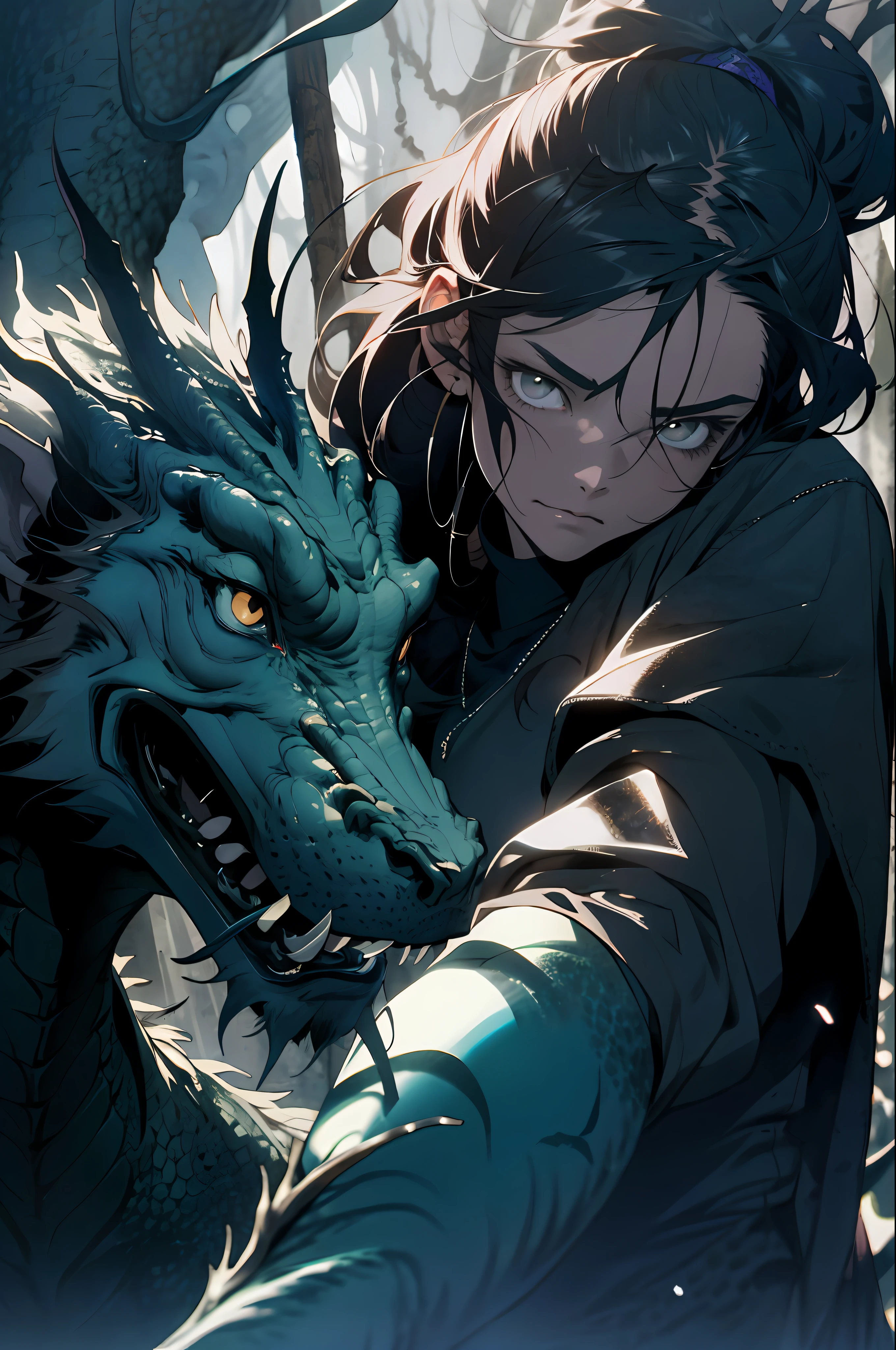 absurd, highres, ultra detailed, moody lighting, quiet, calm, brightness, masterpiece, best quality, 1girl, dark fantasy movie of the 90s yet, menacing dragon next door