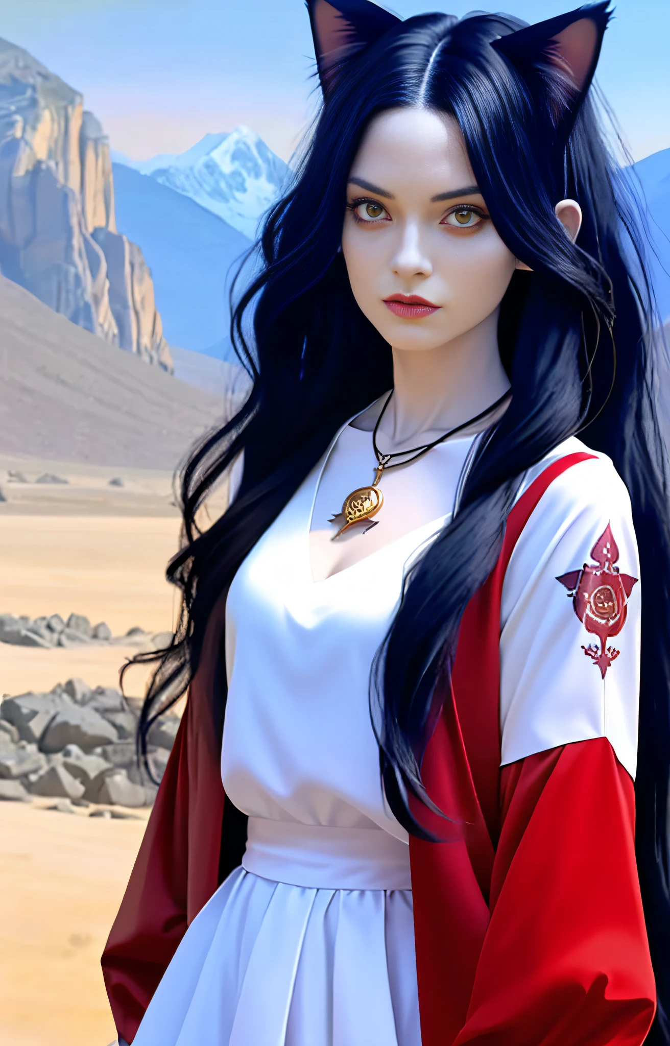 Adult female, magic, cat ears, golden eyes, tattoos, red clothes, black necklace, long white hair, epic reality, 8K HD, sword, surrealism, mountain top