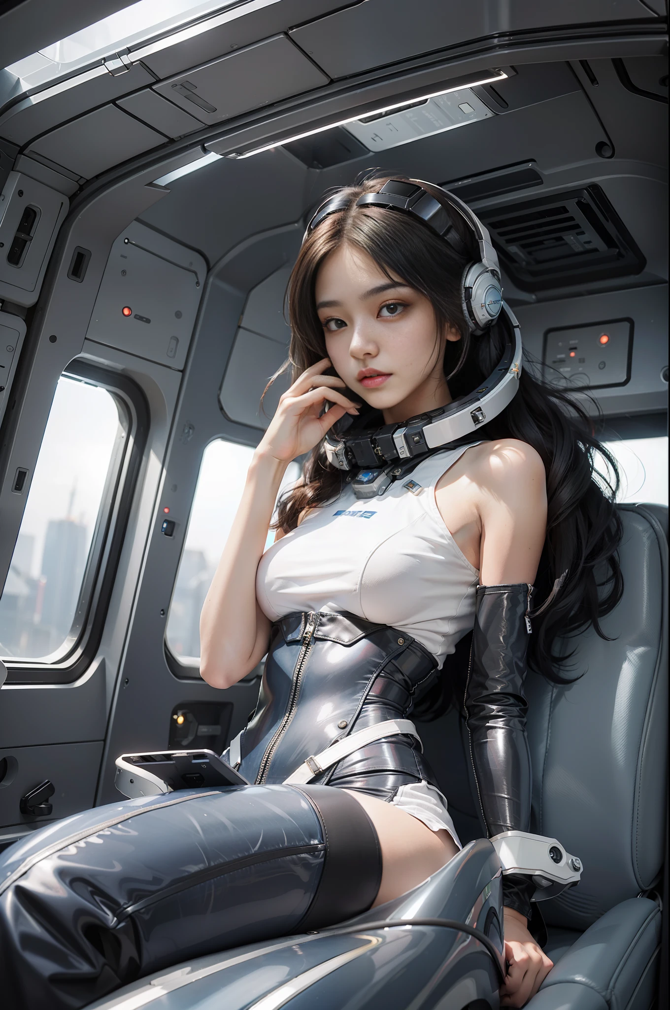 1 cute and beautiful girl, 20 years old, in a huge spaceship, full of technology and futuristic inside, open vision, smooth lines, inspired by the movie space traveler, seductive appearance, ultra HD, sexy long legs