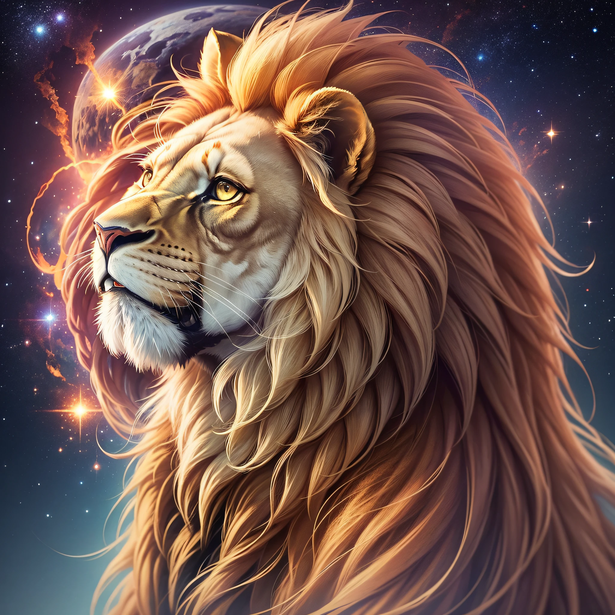a humanoid lion, lion's head human body, in the background a galaxy --auto --s2