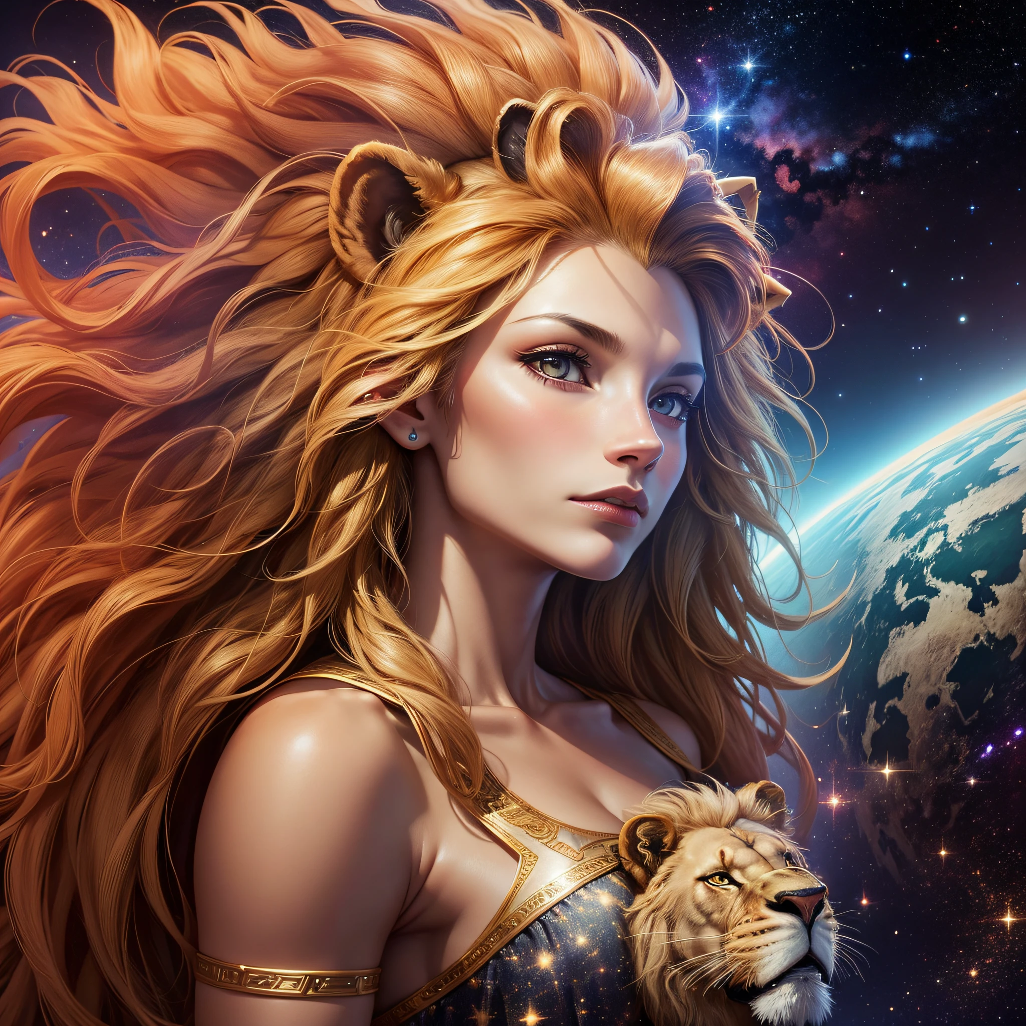 a humanoid lion, lion's head human body, in the background a galaxy --auto --s2