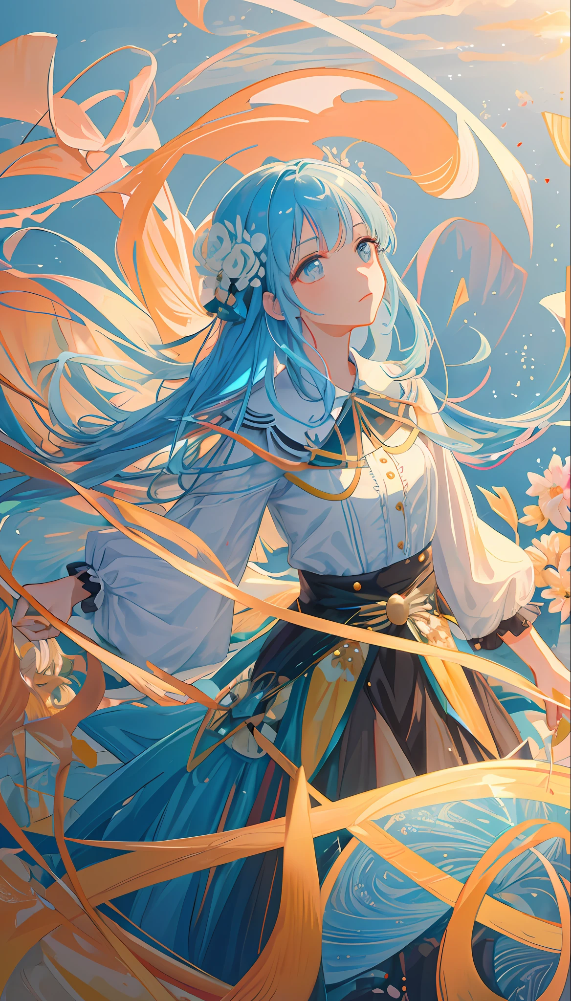 (masterpiece), (best quality), (ultra detailed),(disheveled hair),(illustration), (1girl), (Fashionable clothing), standing, Fashion model, looking at viewer, (interview), (simple background),beautiful detailed eyes, delicate beautiful face, Floating,(high saturation),(colorful splashes),colorful bubble,(shining), focus on face,  kamisato ayaka, light blue hair, bangs, hair ring, floating flowers, floating hairs.Girl, anime waifu, looking at viewer, highlydetailed, reflections transparent iridescent colors, long transparent iridescent RGB hair, artby Serafleur from artstation, thick acrylic，illustration on pixiv, waist up portrait, gorgeoussacred girl, best quality, ultra detailed,sad,clever,beautiful face , beautiful lighton black background, Character stvle renderedby Octane,