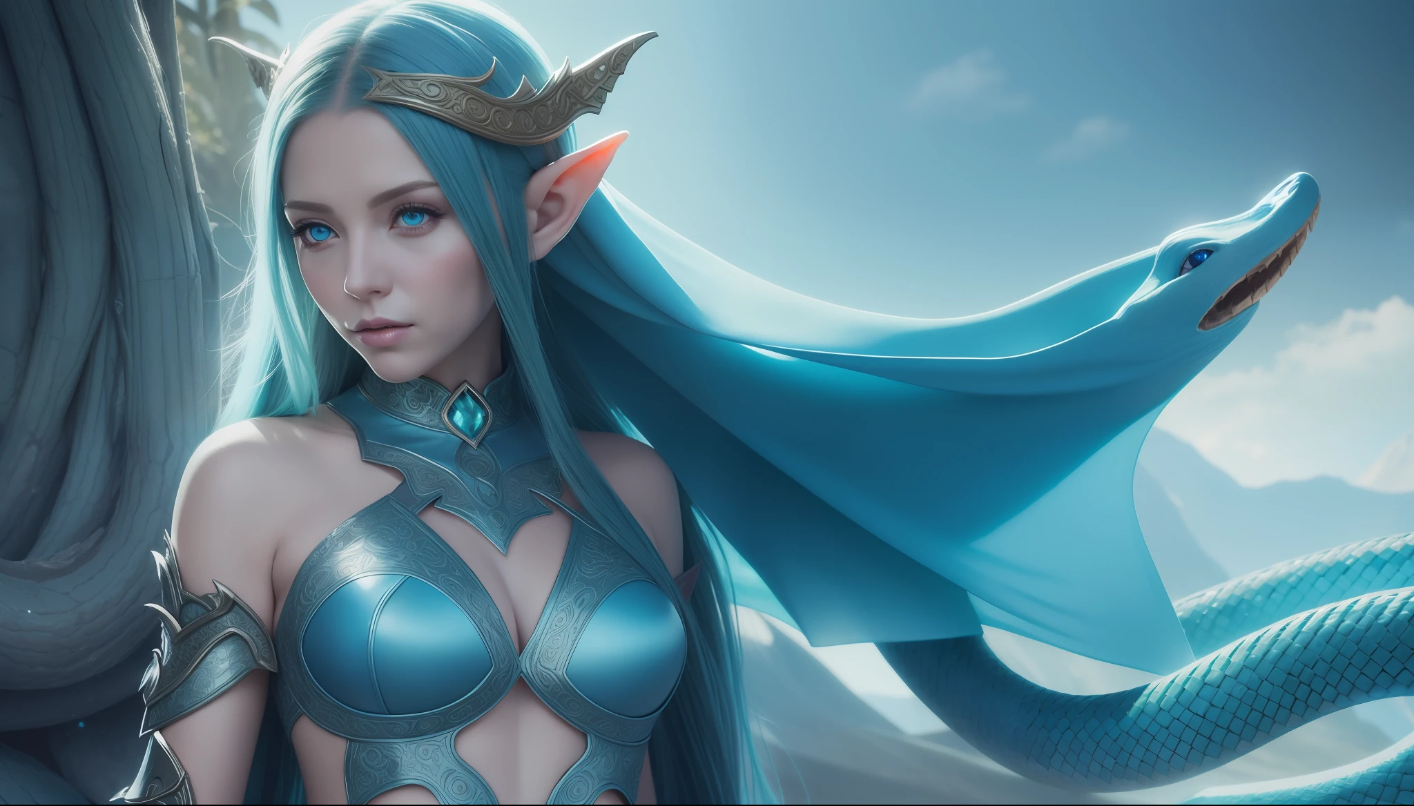 thumbnail, portrait, there is an elf woman of the maormer race with a snake and a snake on her chest, very beautiful elven top model, her skin is bluish and greenish,, her eyes are whitish, closeup costume with water magic, digital fantasy art, hyperrealistic fantasy art, blue skin elf, realistic fantasy illustration, trend digital fantasy art, detailed fantasy digital art, very cute elf portrait, realistic costume rendering, blue elf, fantasy digital art