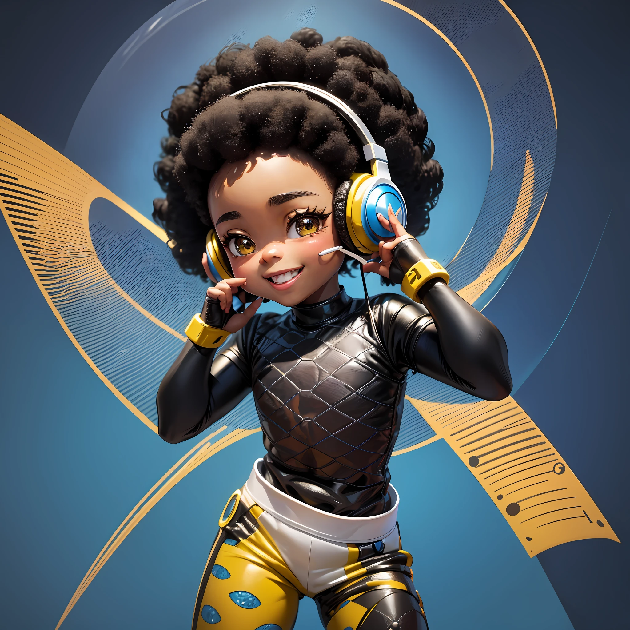 Funny Afro Boy Walking and Dancing 3D Cartoon Sticker, (Sweet Eyes), Child Smile, Cute Young Girl, (((Listening to Music with Headset)))), Cute Smile, Chibi, Cristiano Ronaldo Style, Happy, Big Eyes, Fish Eyes, Joy Affections, Happiness, Pixar Style, Solid Blue Background Color, Cosplay Like Bilbo Baggins Seaart Dreamsharp Model --auto --s2