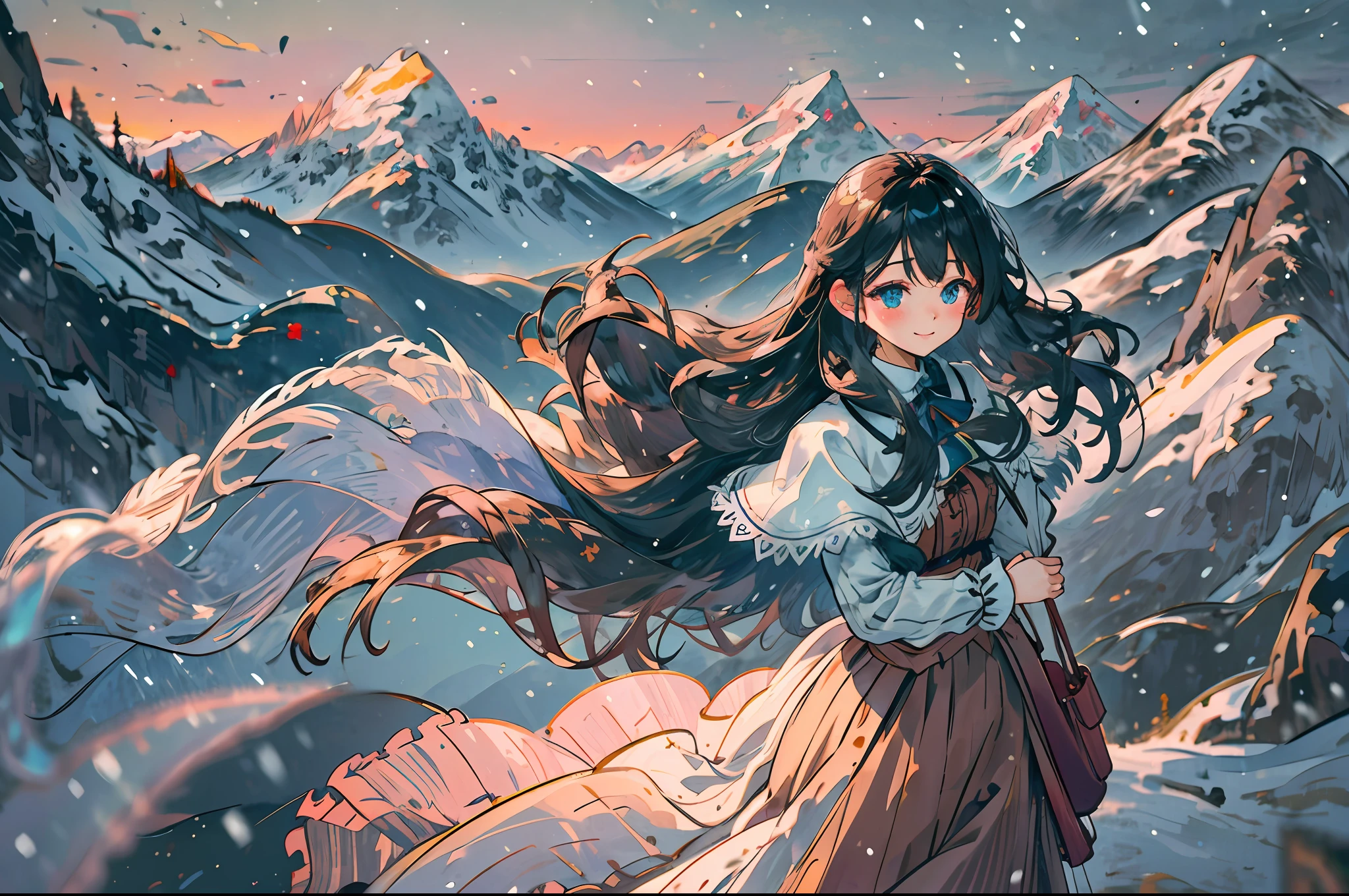 best quality, masterpiece, extremely detailed, detailed background, 1girl, solo, black hair, blue eyes, long hair, wavy hair, fluffy hair, blush, smile, capelet, lace trim, bodice, winter, mountains, beautiful, snow, scenery, high place, horizon, wind, wind blow, looking at viewer, depth of field, bokeh