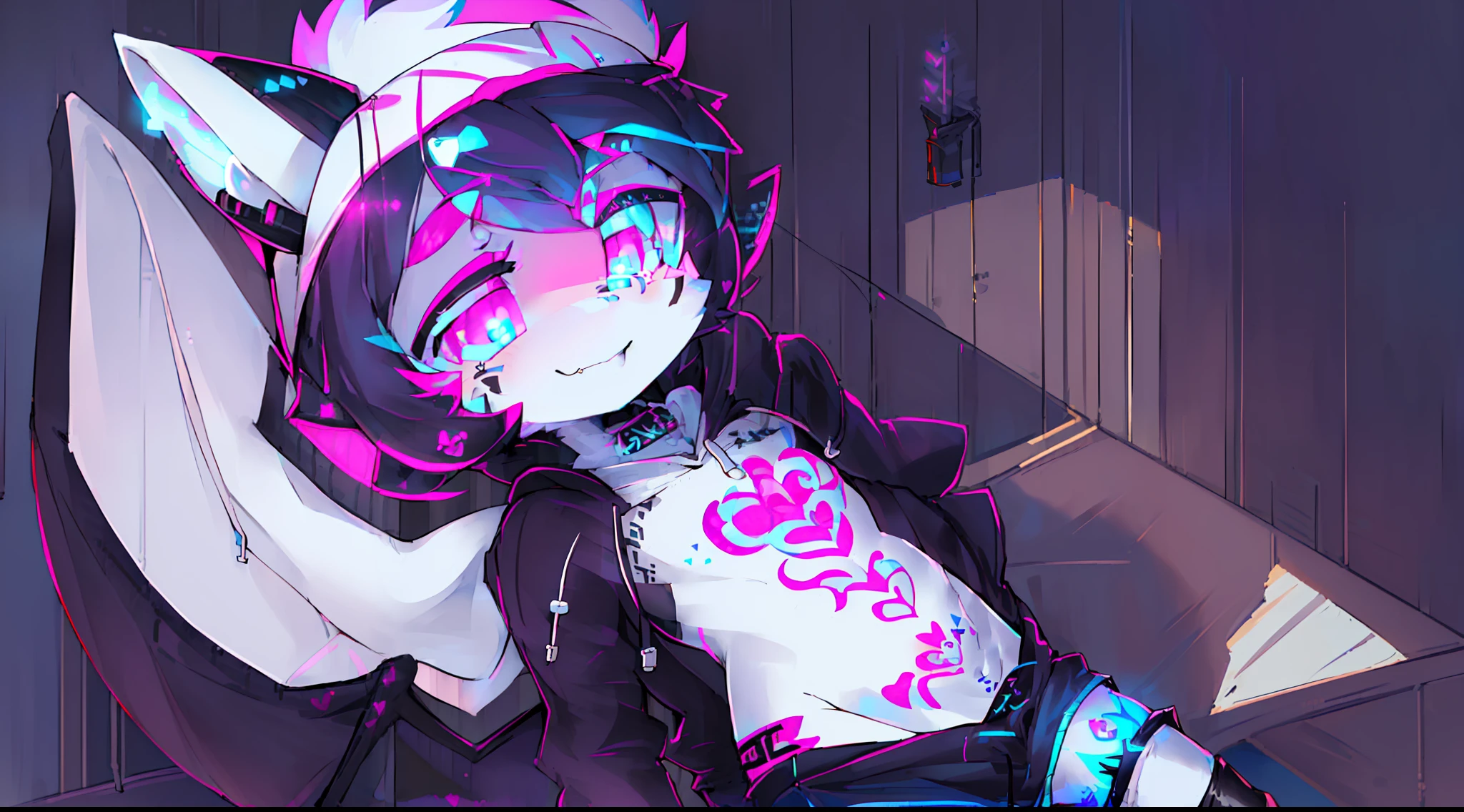 Black Fox, ((Black body, White Body:1.5)), (((masterpiece))), collar, (Dragon Wings:1.45), (headphones:1.4), short hair, black hair, blush, (headphones:1.55), ((Thigh High Socks, Femboy Clothing, Femboy Femboy Thigh Highs:1.2)), ((blue eyes, pink eyes:1.55)), Femboy, full body, paws, ((pubic tattoo, womb tattoo, glowing tattoo:1.52)), ((guy look like womens:1.52)), (fox tail:1.52), Full HD, 8K, ((short pant, Hoodie crop:1.52)), 2boy, small breasts