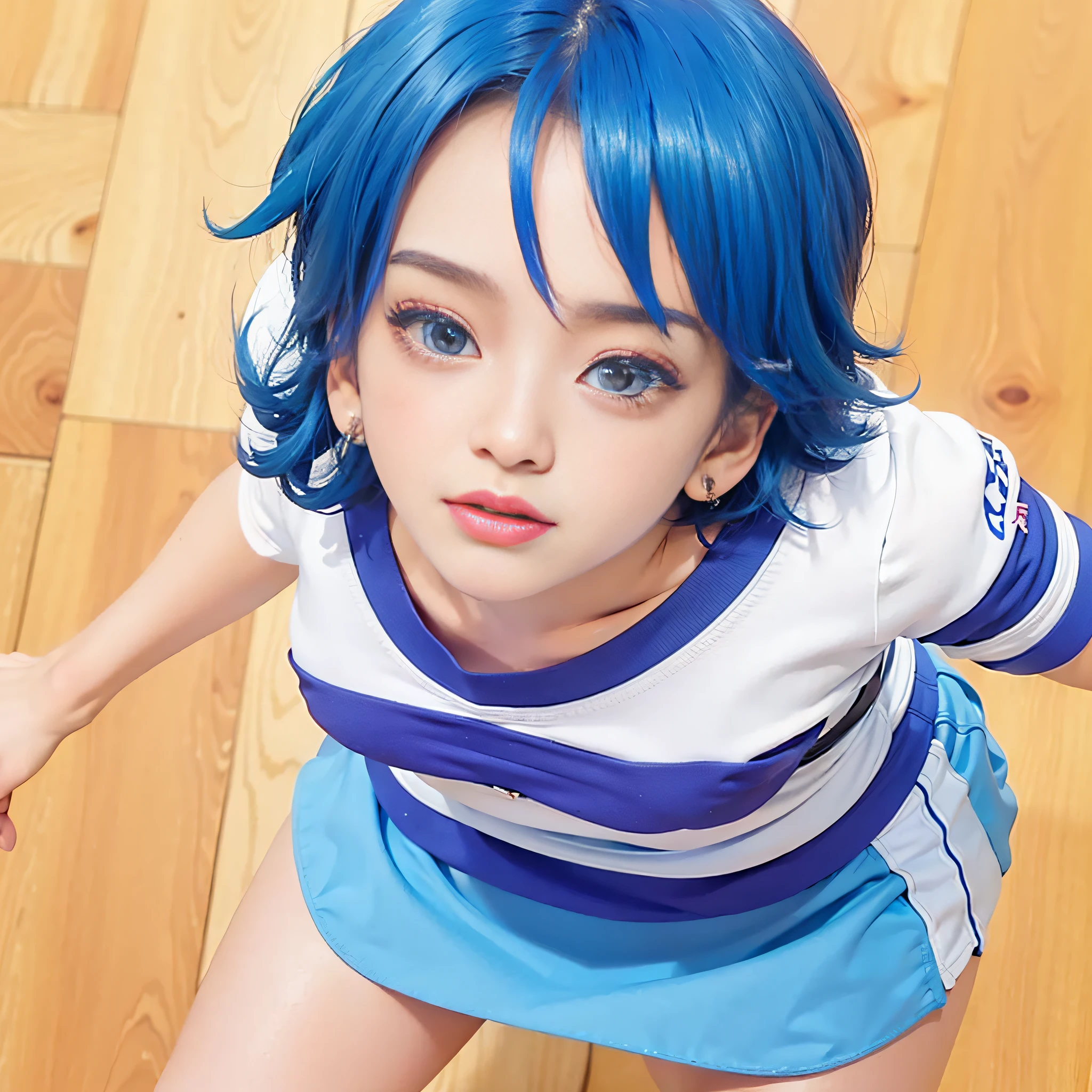 (female:1.2) (bodybuilder:0.8), hyper realistic, masterpiece, photorealistic, real skin, detailed face, detailed skin, detailed lighting, 1girl, large breasts, shocked face, short hair, blue hair, open mouth, skirt, thigh