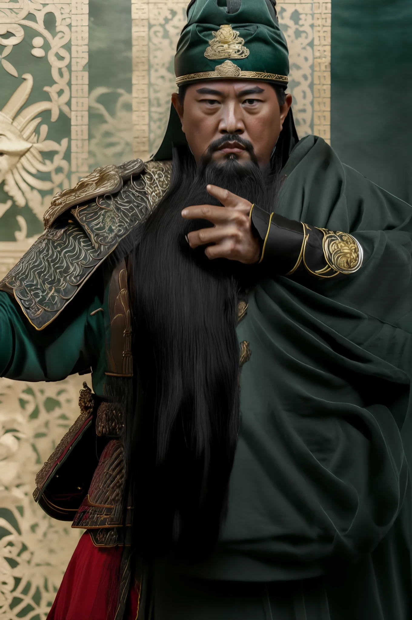 The whole body, including the crown of the head, is in the picture, (green clothes, fearless and intelligent face, (colored skin), (waist-length, heavy black beard): 1.2), (clothes of the Three Kingdoms era: 1.2), long pants, (insanely detailed, bloom: 1.5), (best quality, photo, 4K), (photo: 1.2), (high sharpness), (detailed pupil: 1.1), (photo: 1.1), detailed face and eyes, Masterpiece, Top Quality, (HD Photo:1.1), 8k, Photorealistic, (Black Hair Color), (pureerosface_v1:0.2), [:(More Face:1.2):0.2], Sharp, Real, Real Shadow, (Chinese Castle Background: 1.2), Guan Yu alone.