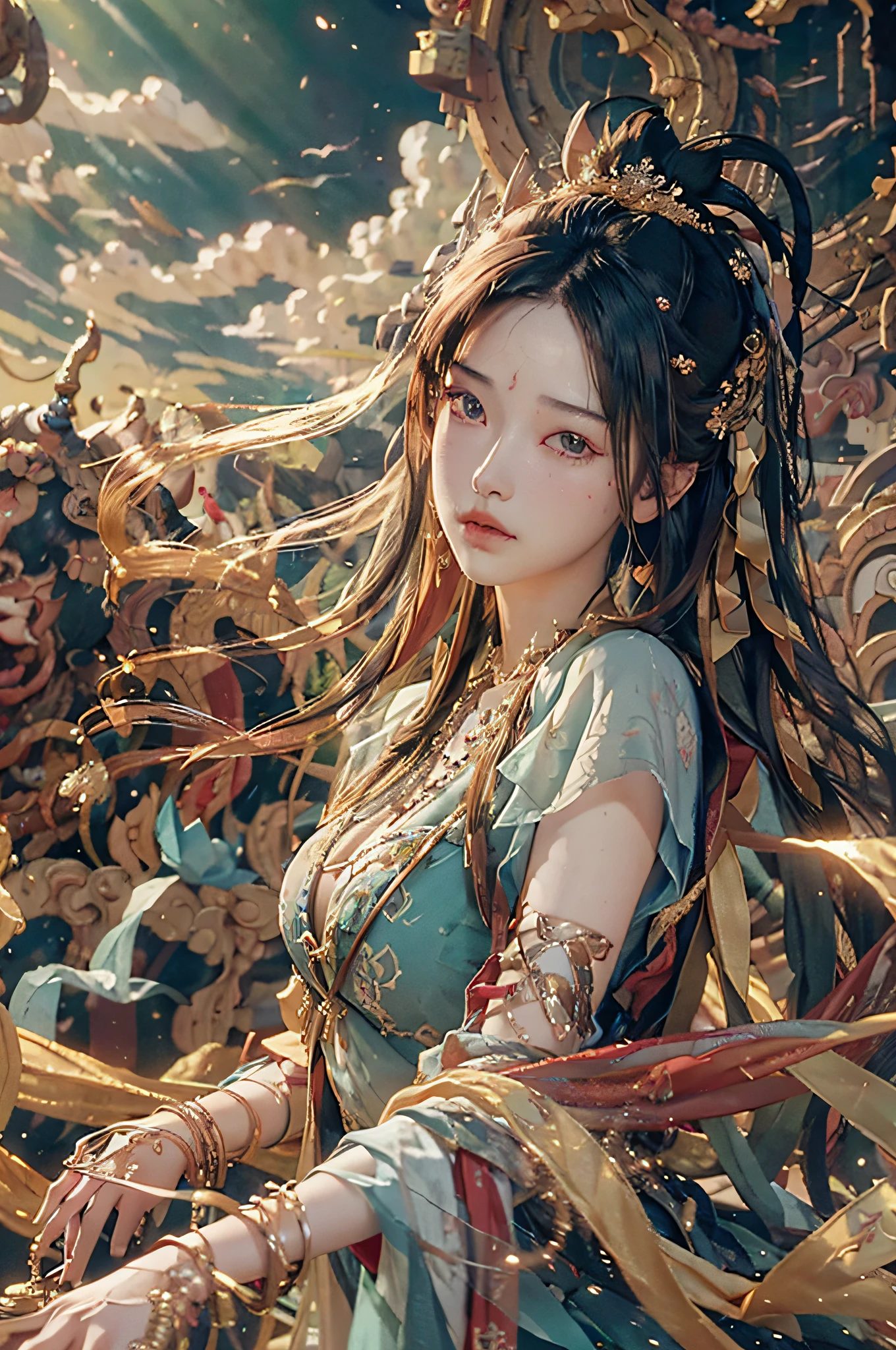 nsfw, (RAW Photo, Best Quality), (Realistic, Photo Realistic: 1.3), Best Quality, Highly Detailed, Masterpiece, Ultra Detailed, Illustration, 1 Girl, upper_body, Dynamic Angle, World Masterpiece Theater, messy_long_hair, Best Quality, Extremely Detailed CG Unity 8k wallpaper, ink, amazing, Flying Sky, Cinematic Lighting, lens_flare, dunhuang_style,