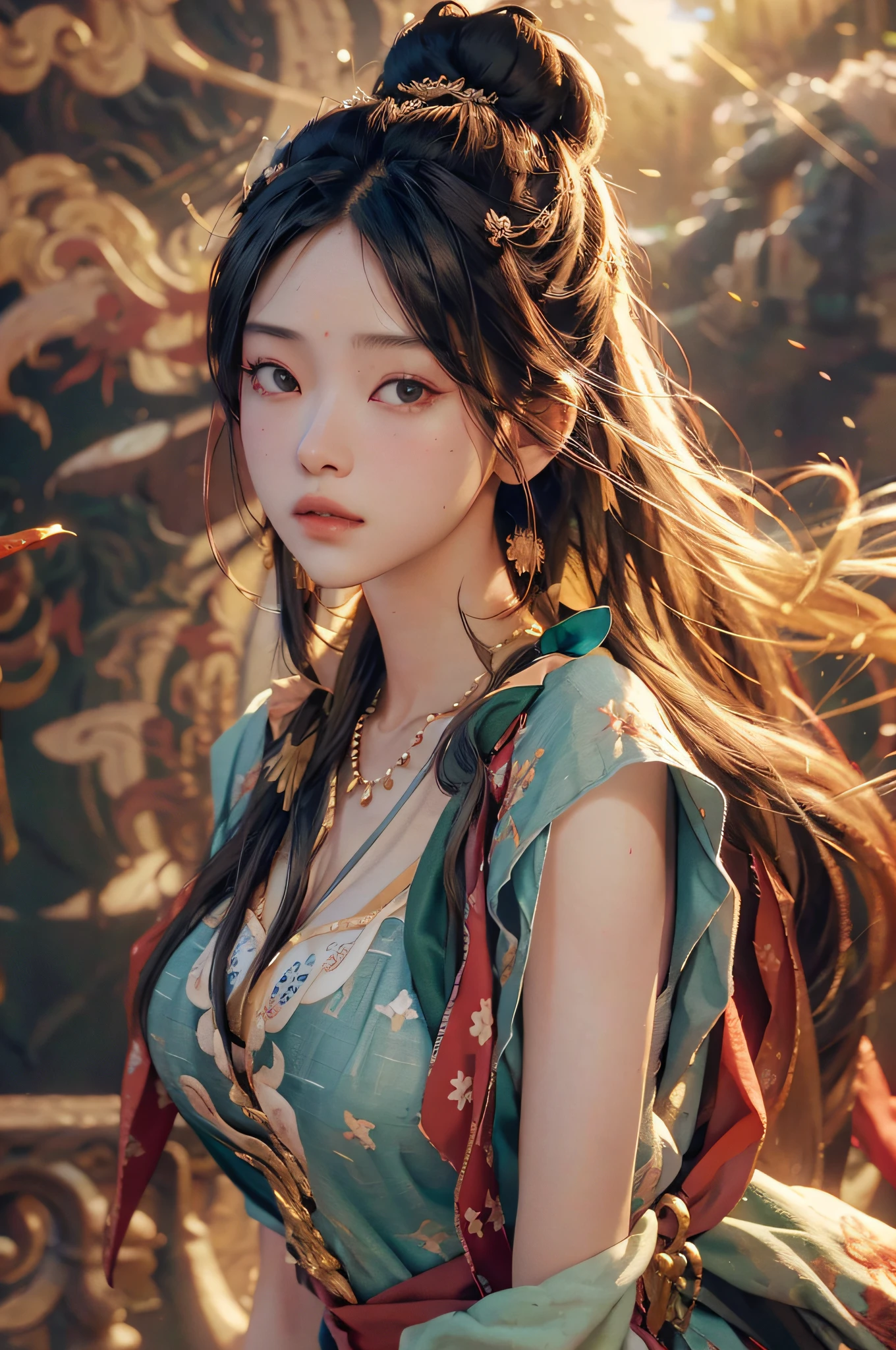 nsfw, (RAW Photo, Best Quality), (Realistic, Photo Realistic: 1.3), Best Quality, Highly Detailed, Masterpiece, Ultra Detailed, Illustration, 1 Girl, upper_body, Dynamic Angle, World Masterpiece Theater, messy_long_hair, Best Quality, Extremely Detailed CG Unity 8k wallpaper, ink, amazing, Flying Sky, Cinematic Lighting, lens_flare, dunhuang_style,