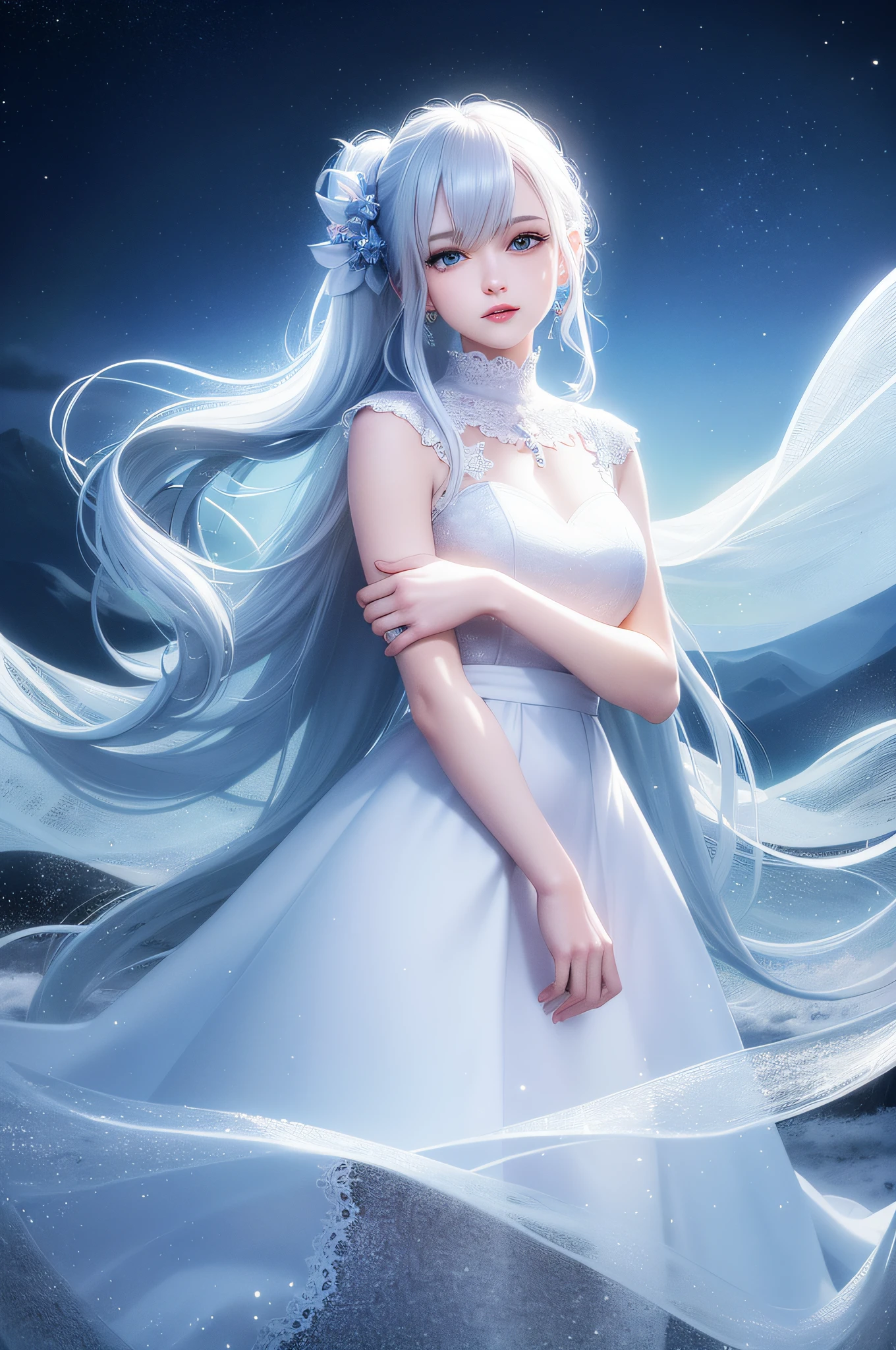Masterpiece, (Best Quality: 1.2), (Super Fine: 1.2), Illustration, (Extremely Delicate and Beautiful: 1.2), Film Angle, Floating, (Beautiful Detail Eye: 1.1), (Detail Light: 1.1), Film Lights, Delicate Sky, Woman, White Hair, Blue Eyes, (High Ponytail: 1.1), Cloak, Glowing Eyes, (Moon: 1.2), (Moonlight: 1.1), Starry Sky, (Light Particles: 1.1), Fog , snow painting, sketching, blooming