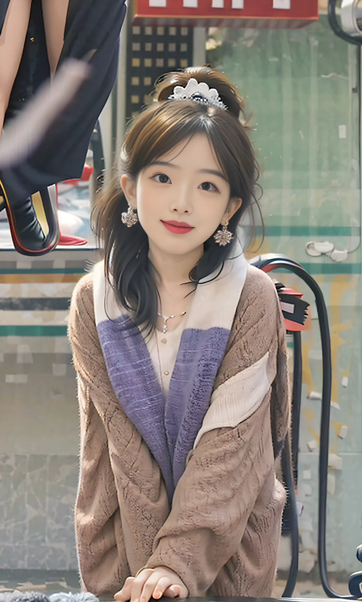 "Ultra-high detail glossy RAW photos showing beautiful faces and skin textures, beautiful double eyelids and shawl long hair, amazing eyelashes and shiny skin, perfect depth of field and color art, showing the goddess of tranquility and happiness (full body), bold beautiful legs, with snowflake hair accessories and crescent earrings."