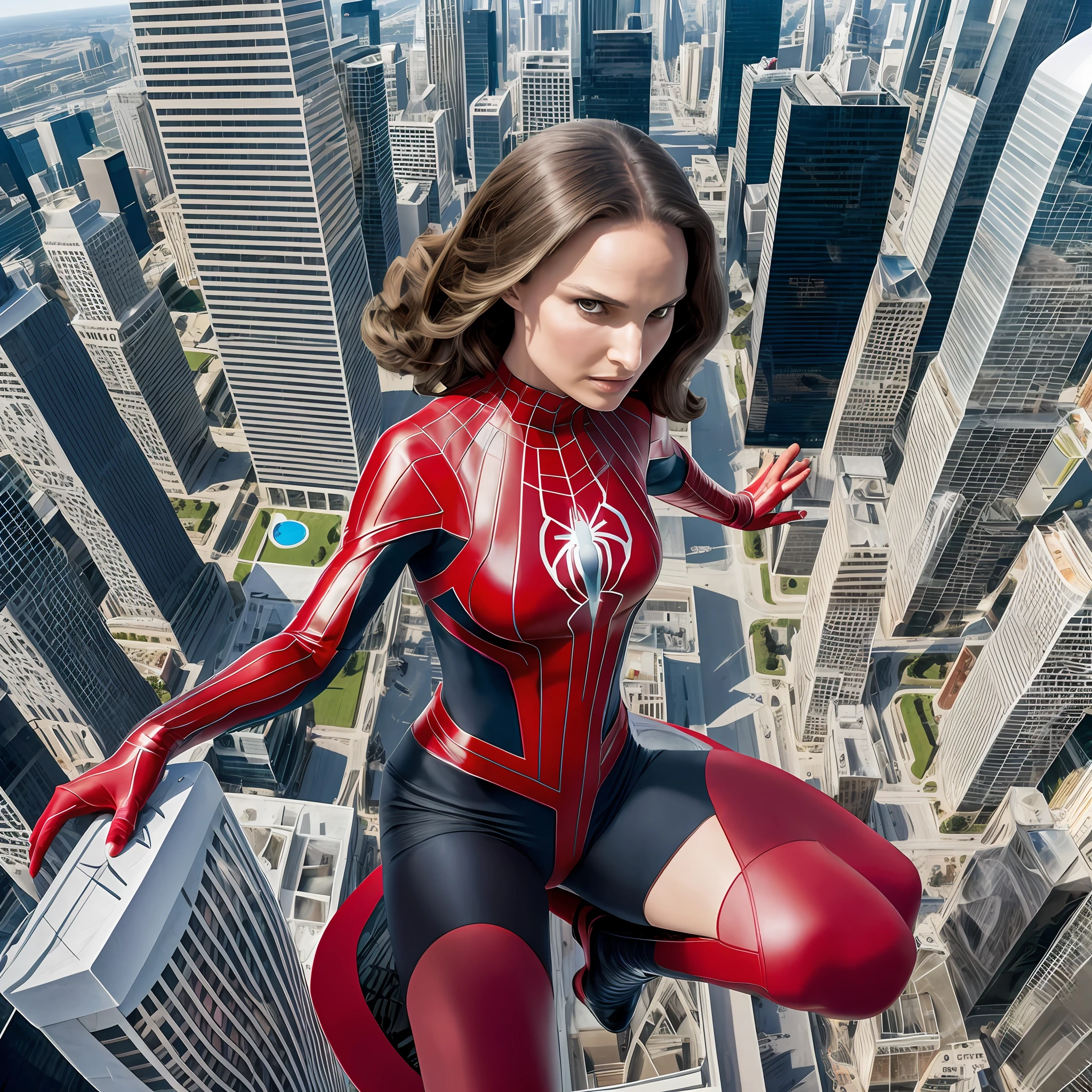 Natalie Portman dressed as a spider woman, on top of a skyscraper, on a clear and beautiful day, 4k, realism, photo realism, --auto --s2