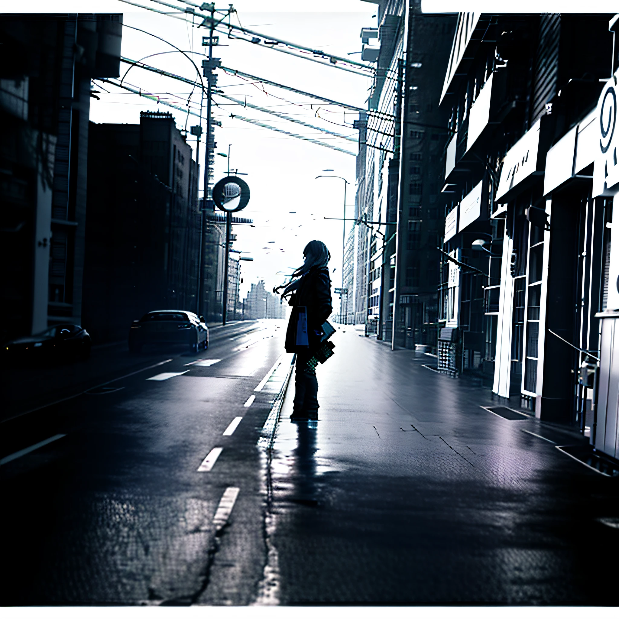 masterpiece, best quality, highly detailed, 1girl, architecture, black_jacket, bridge, building, car, chain-link_fence, city, city_lights, cityscape, convenience_store, cyberpunk, day, east_asian_architecture, letterboxed, library, long_hair, motor_vehicle, neon_lights, outdoors, real_world_location, road, rooftop, scenery, skyline, skyscraper, solo, street, tokyo_\(city\)