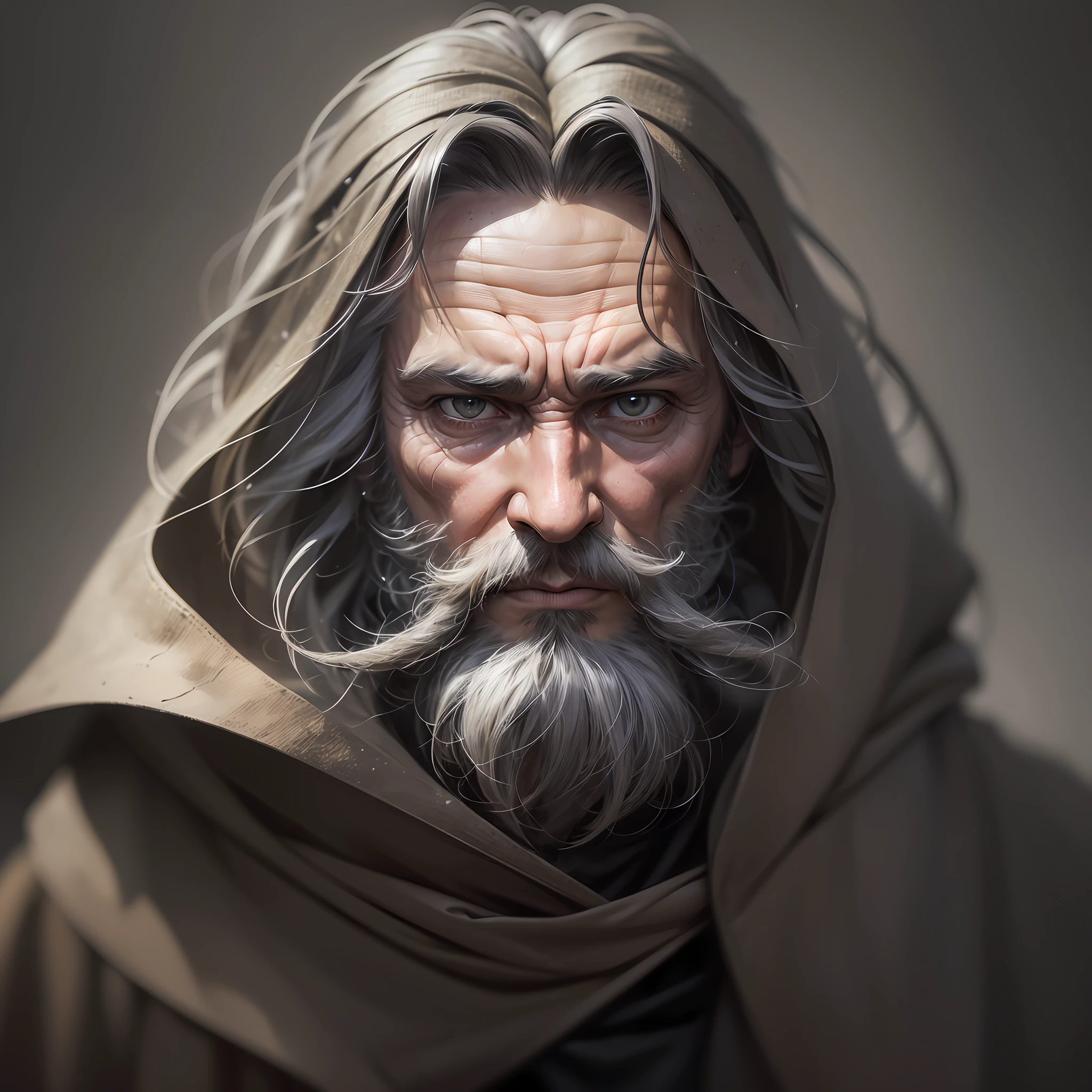 photo, old evil hermit, medieval, piercing_deep-set_eyes, wrinkled face, dark_stichted_cloak, (dramatic lighting:1.25), (dark background:1.2), (dirty_ unkempt_gray_hair:1.2), (long_shaggy_beard:1.3), (faded colors:1.1), (sharp focus:1.1), (shadows:1.2), (subtle HDR:1.3), (realistic skin texture:1.25), (detailed hair:1.2), (sandy texture:1.1), (cinematic appearance:1.2), (powerful pose:1.3),  (blush:0.5), (goosebumps: 0, 5), subsurface scattering, detailed_grey_eyes, determined and firm gaze --auto --s2