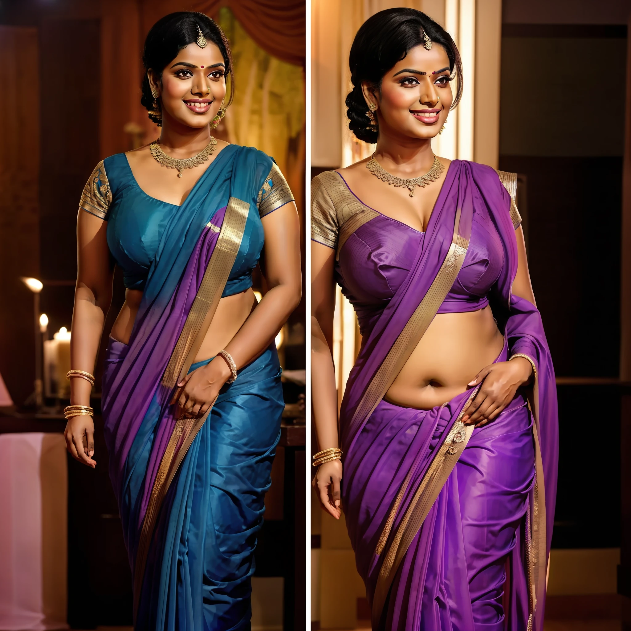 Side by side image of Indian kerala woman in a saree at a wedding ,curvy, tall, hourglass figure, big ass, seductive, detailed cute face, full lips, smiling, studio lighting, hyper realistic, anatomically correct