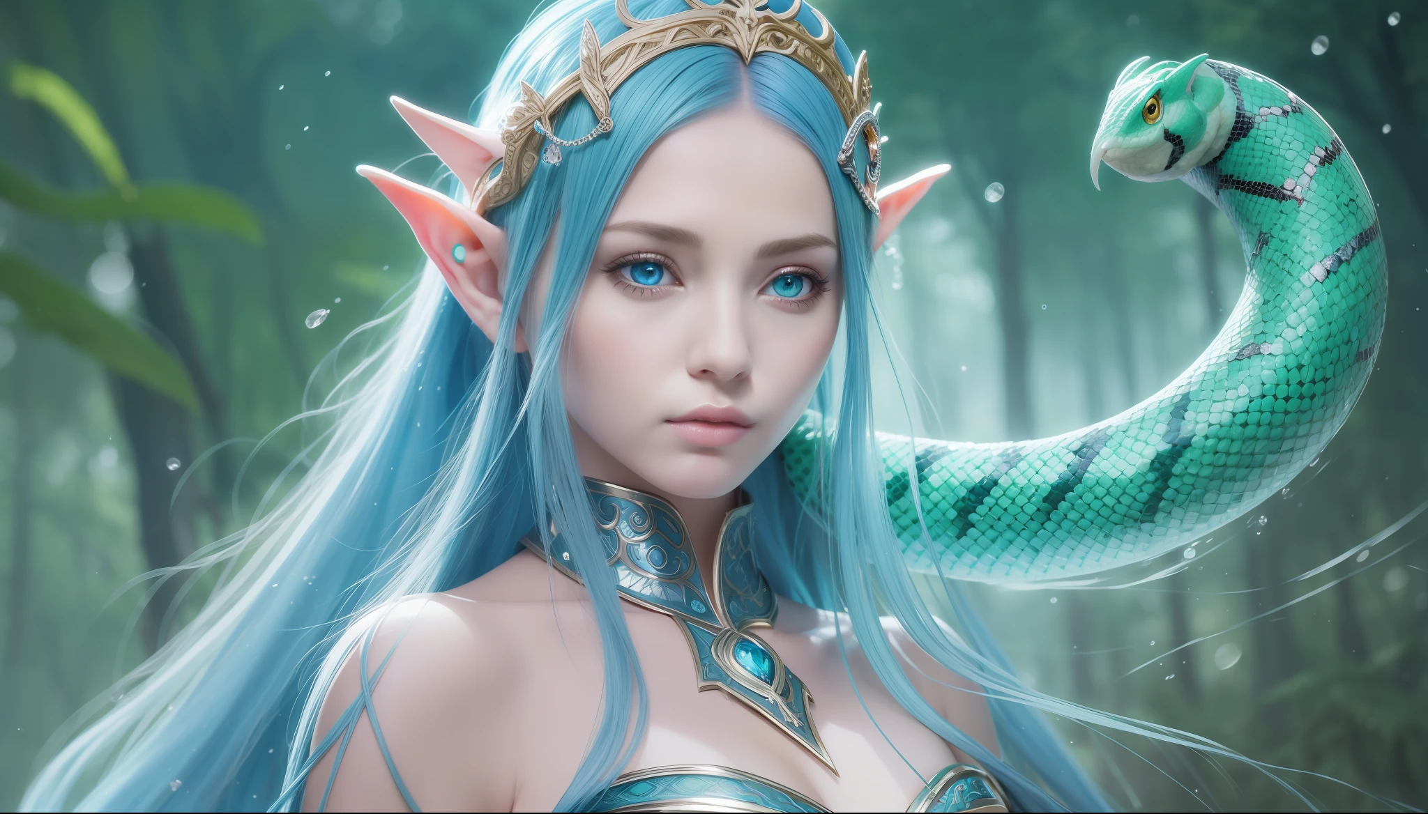 thumbnail, portrait, there is an elf woman of the maormer race with a snake and a snake on her chest, very beautiful elven top model, her skin is bluish and greenish,, her eyes are whitish, closeup costume with water magic, digital fantasy art, hyperrealistic fantasy art, blue skin elf, realistic fantasy illustration, trend digital fantasy art, detailed fantasy digital art, very cute elf portrait, realistic costume rendering, blue elf, fantasy digital art, one person only