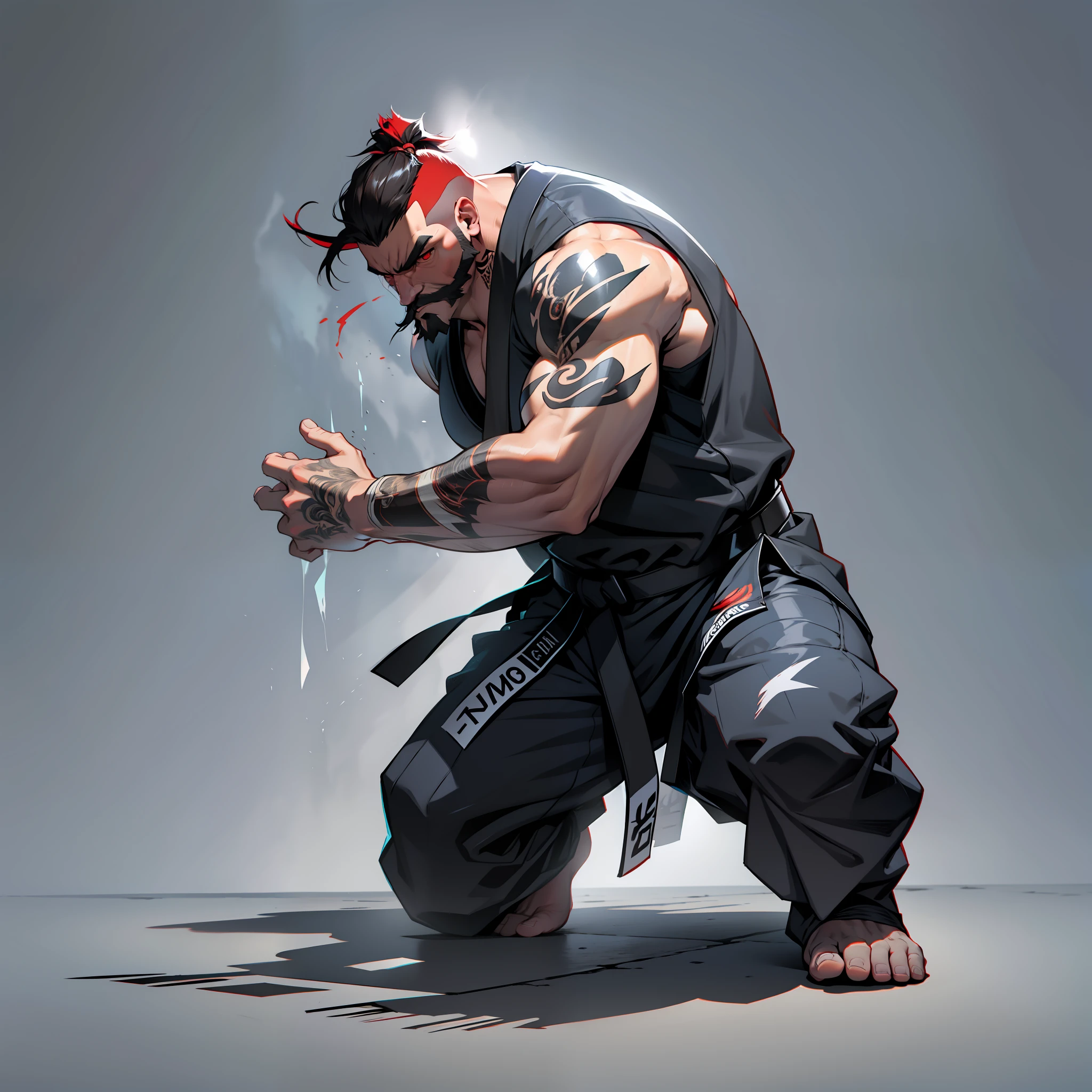Bearded man,red eyes, fade hair, zangief style Street fighter