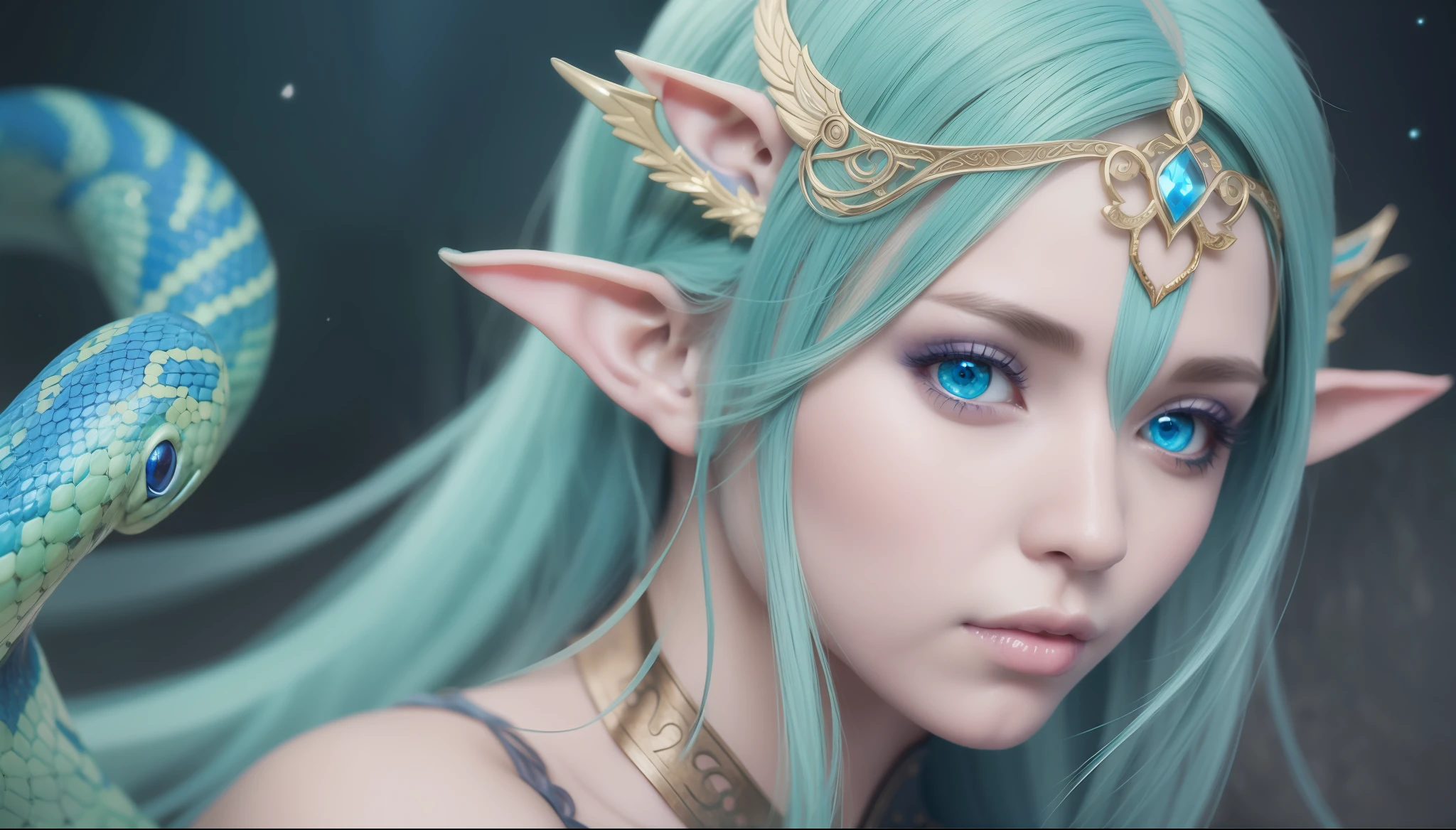 thumbnail, portrait, there is an elf woman of the maormer race with a snake and a snake on her chest, very beautiful elven top model, her skin is bluish and greenish,, her eyes are whitish, closeup costume with water magic, digital fantasy art, hyperrealistic fantasy art, blue skin elf, realistic fantasy illustration, trend digital fantasy art,  detailed fantasy digital art, very cute elf portrait, realistic costume rendering, blue elf, fantasy digital art, one person only