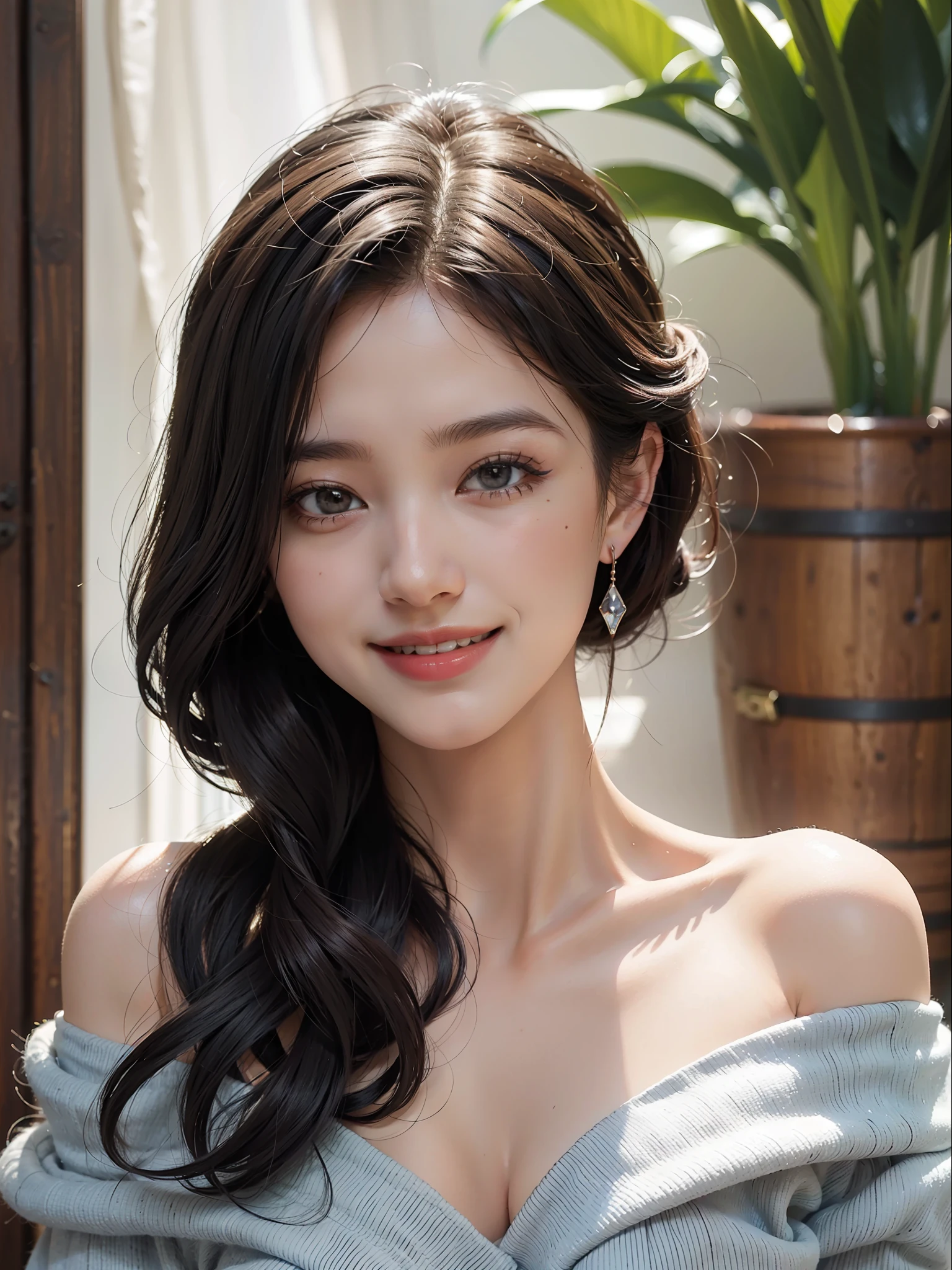 best quality, masterpiece, ultra high res, photorealistic, 1girl, offshoulder, smile