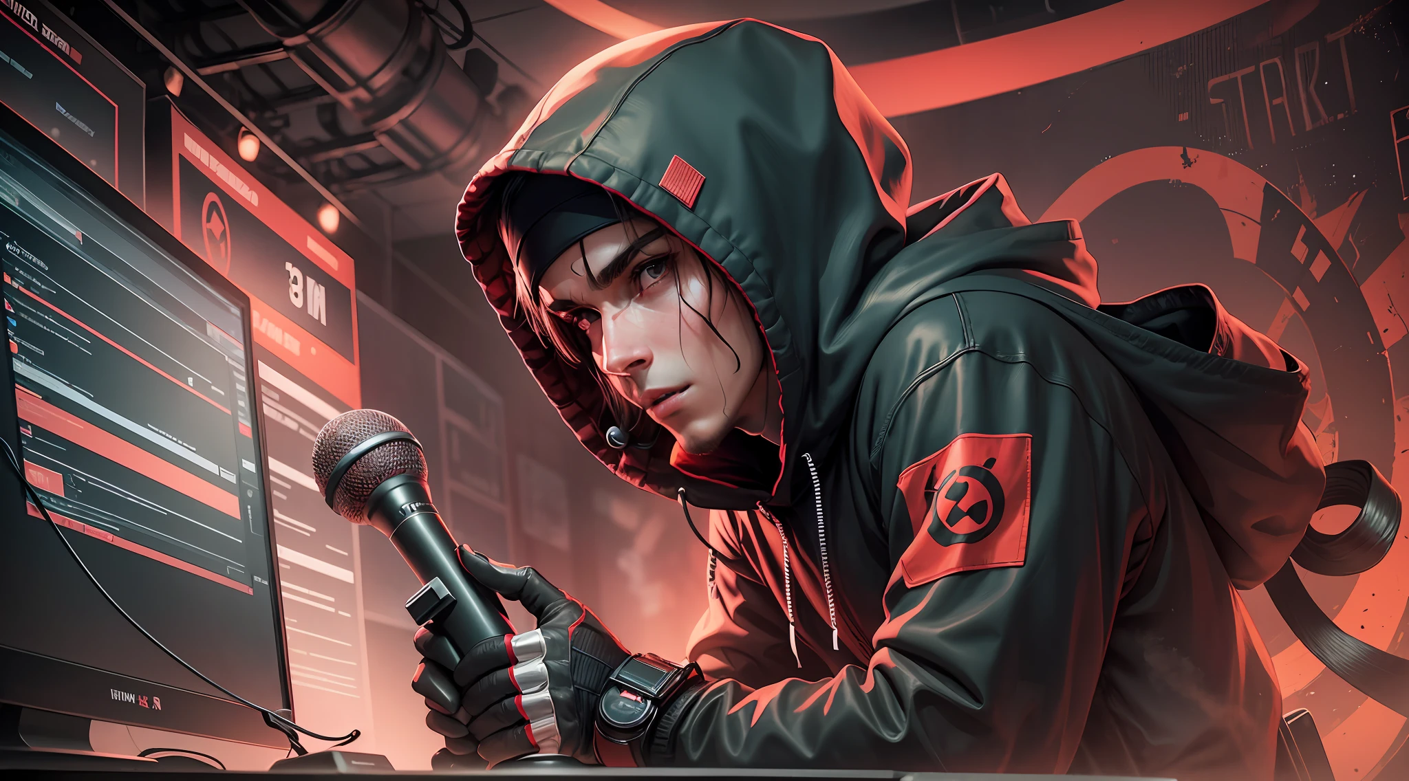 banner,a hooded ninja with headset, microphone near the mouth, facing camera, with a table in front of it a microphone and electronic equipment, dark theme red and dark colors