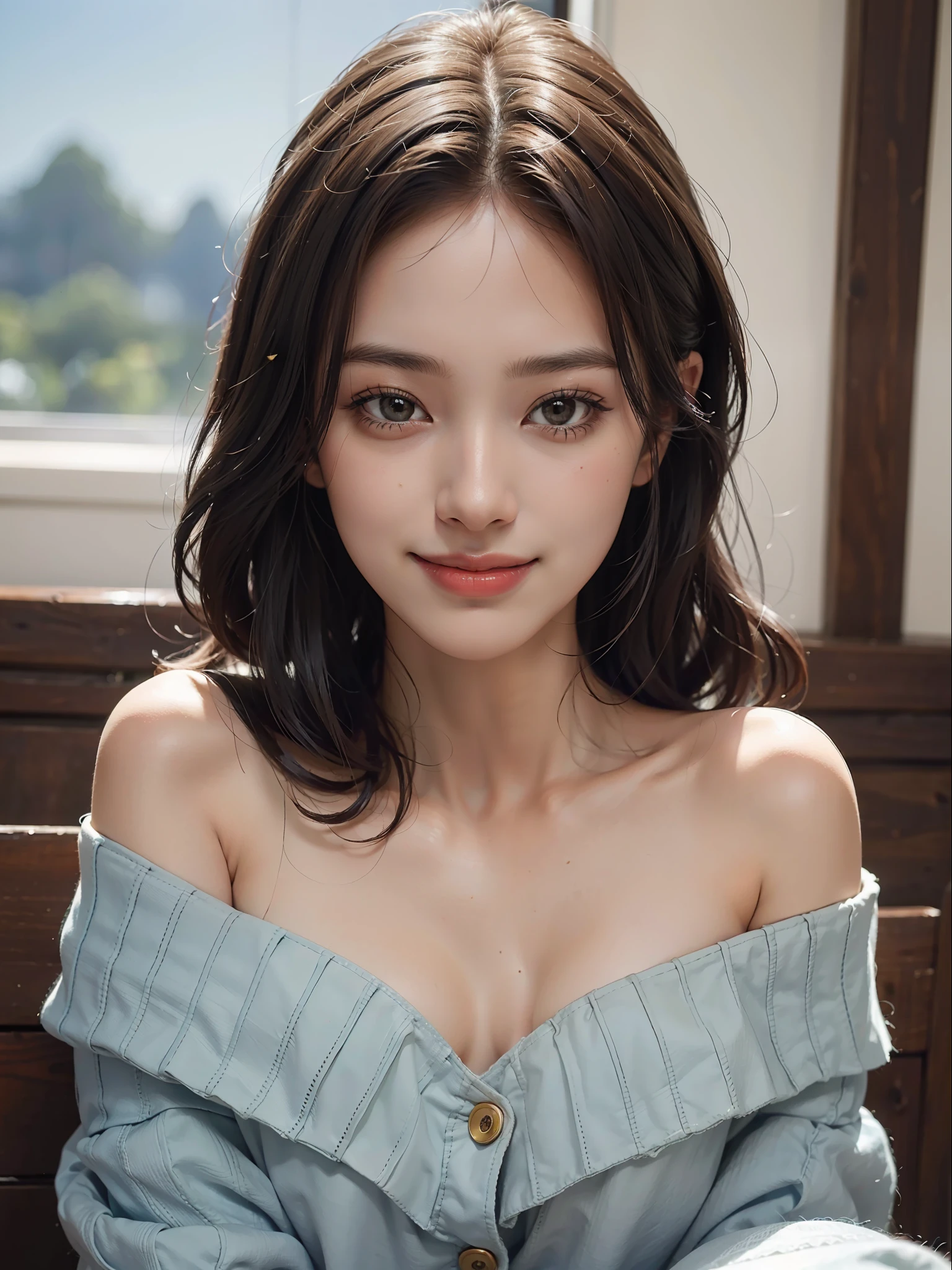 best quality, masterpiece, ultra high res, photorealistic, 1girl, offshoulder, smile